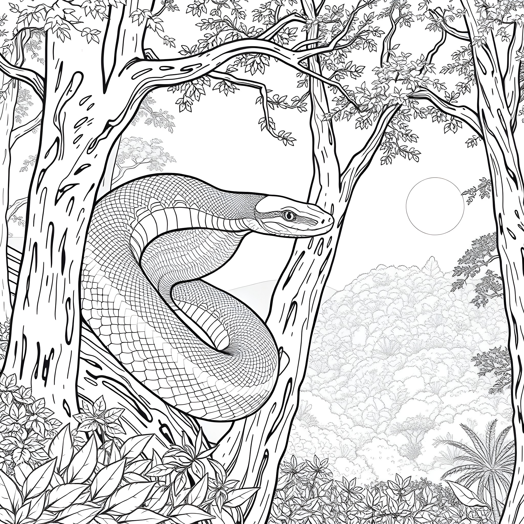 Boa constrictor coiled in a tree branch in the jungle Coloring Page (free black-and-white line drawing printable PDF for all, from beginners to advanced learners, including children, teens, adults, and seniors)