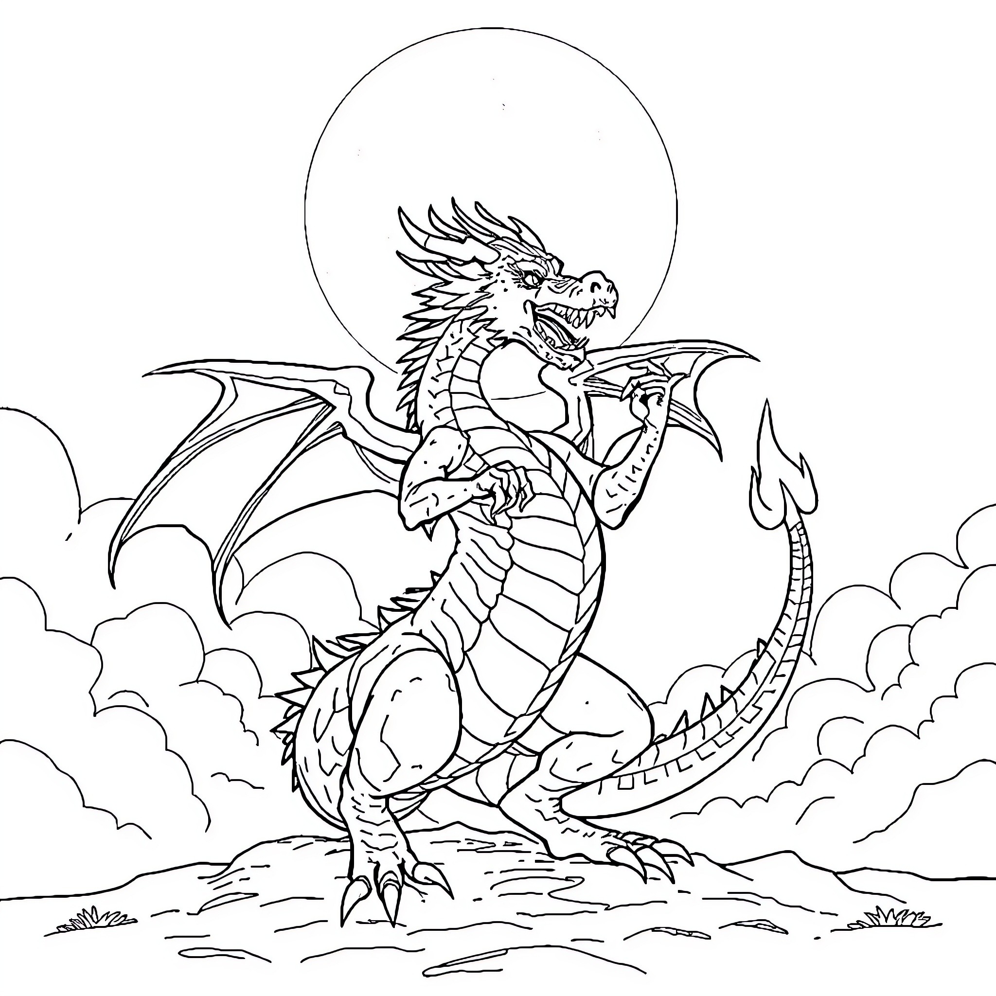 Dragon soaring majestically in the clouds Coloring Page (free black-and-white line drawing printable PDF for all, from beginners to advanced learners, including children, teens, adults, and seniors)