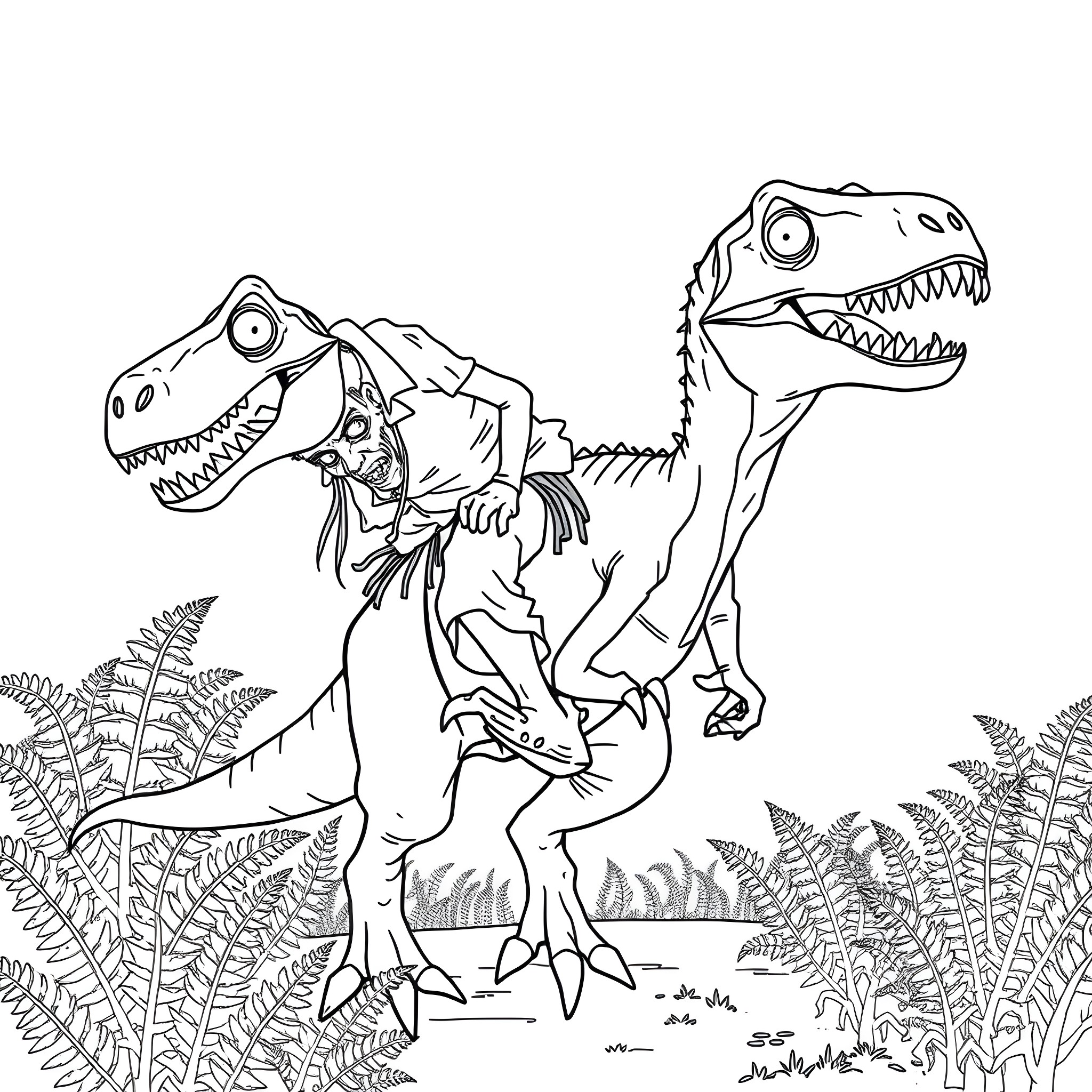 Zombie Dinosaurs Roaming in the Prehistoric Jungle Coloring Page (free black-and-white line drawing printable PDF for all, from beginners to advanced learners, including children, teens, adults, and seniors)