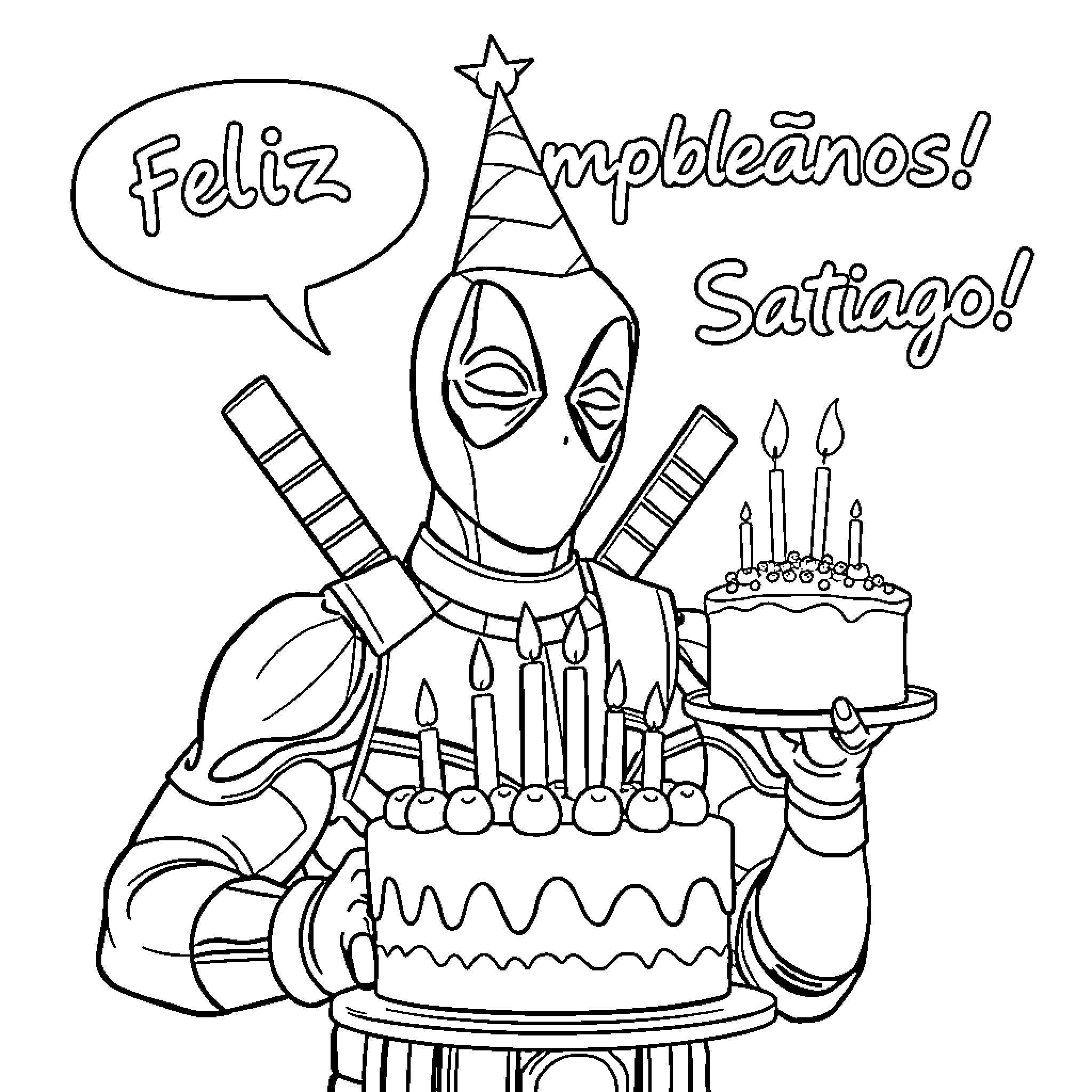 Deadpool's Festive Birthday Celebration Coloring Page (free black-and-white line drawing printable PDF for all, from beginners to advanced learners, including children, teens, adults, and seniors)