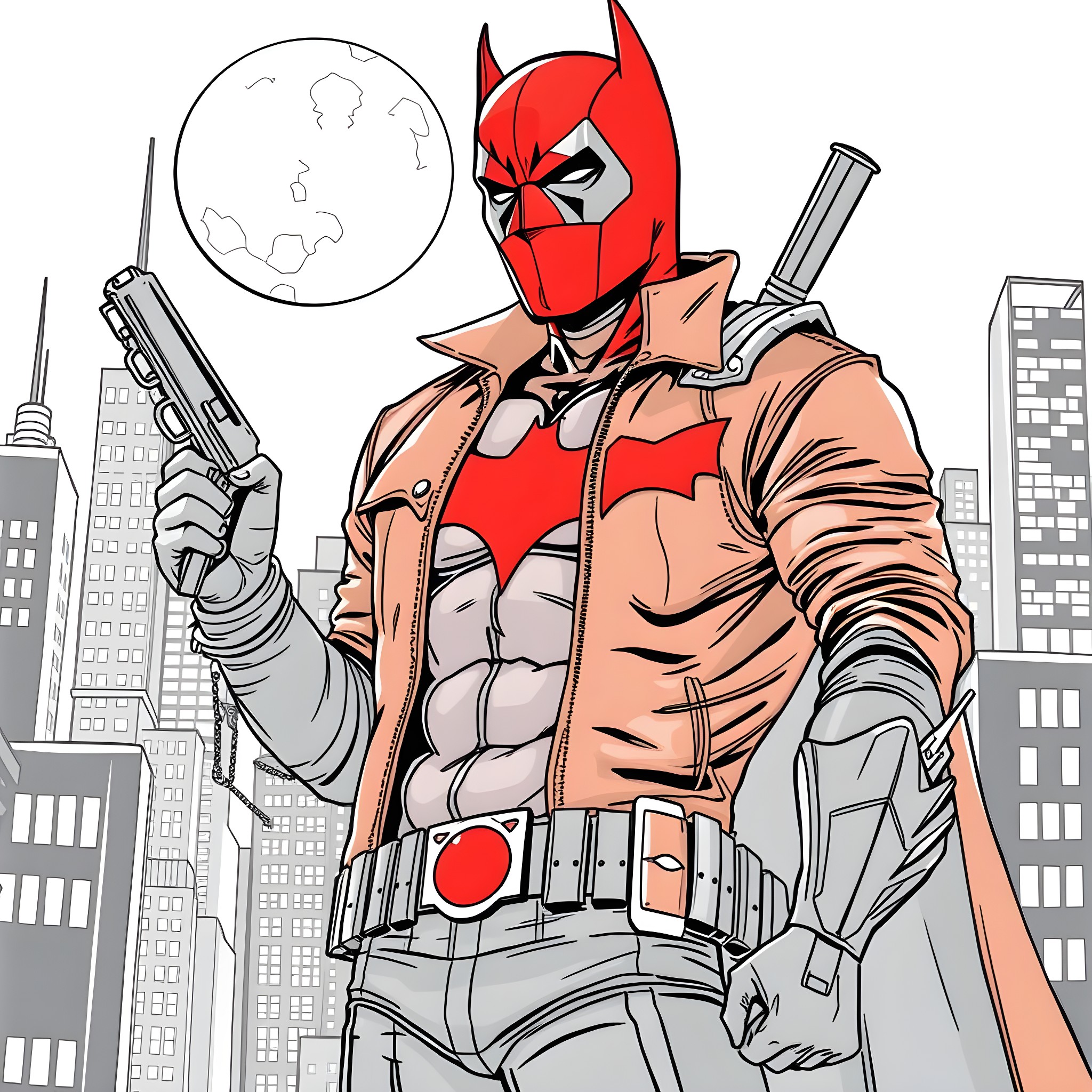 Red Hood In Action Amid City Skyline Coloring Page (free black-and-white line drawing printable PDF for all, from beginners to advanced learners, including children, teens, adults, and seniors)