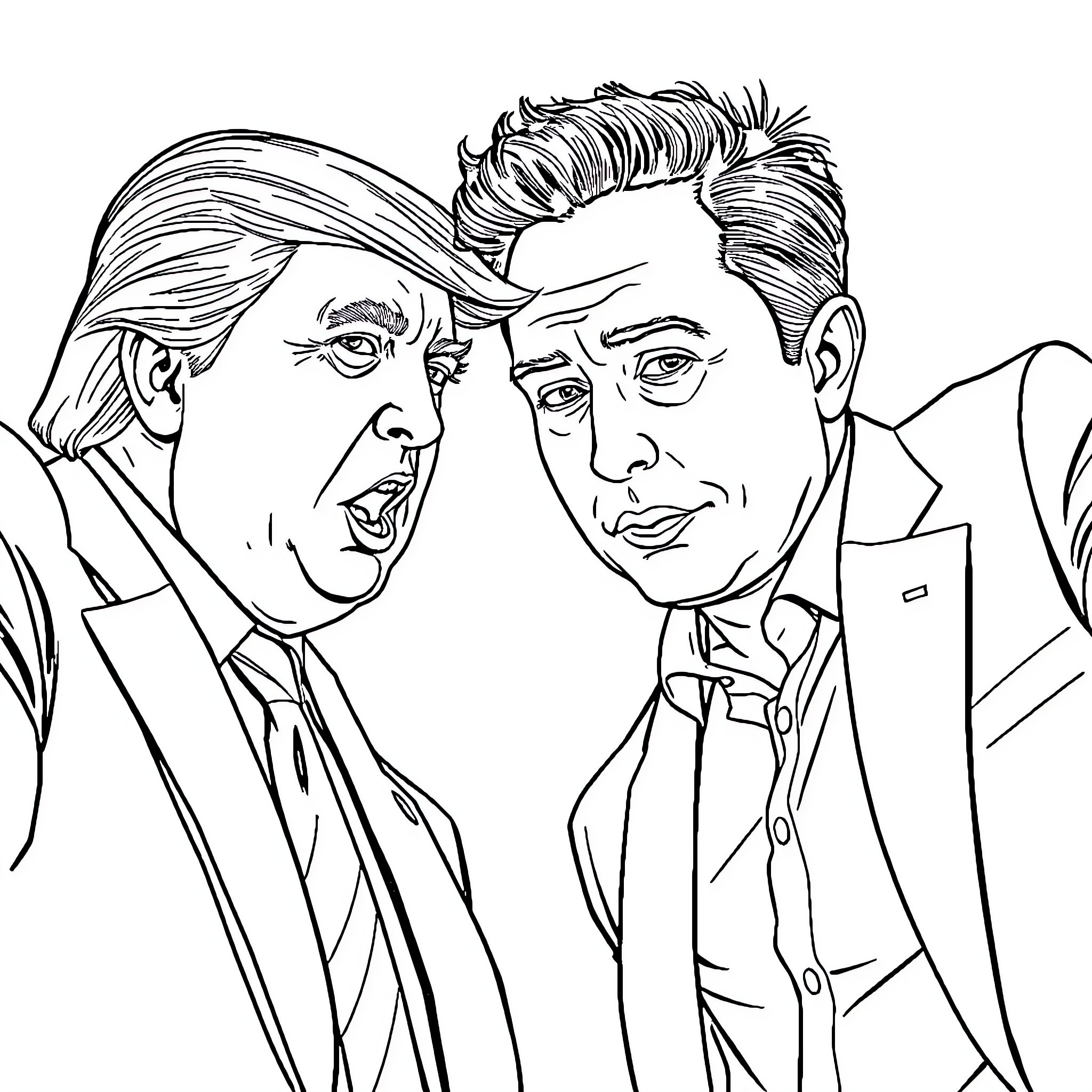 Donald Trump and friend arguing intensely in business attire Coloring Page (free black-and-white line drawing printable PDF for all, from beginners to advanced learners, including children, teens, adults, and seniors)