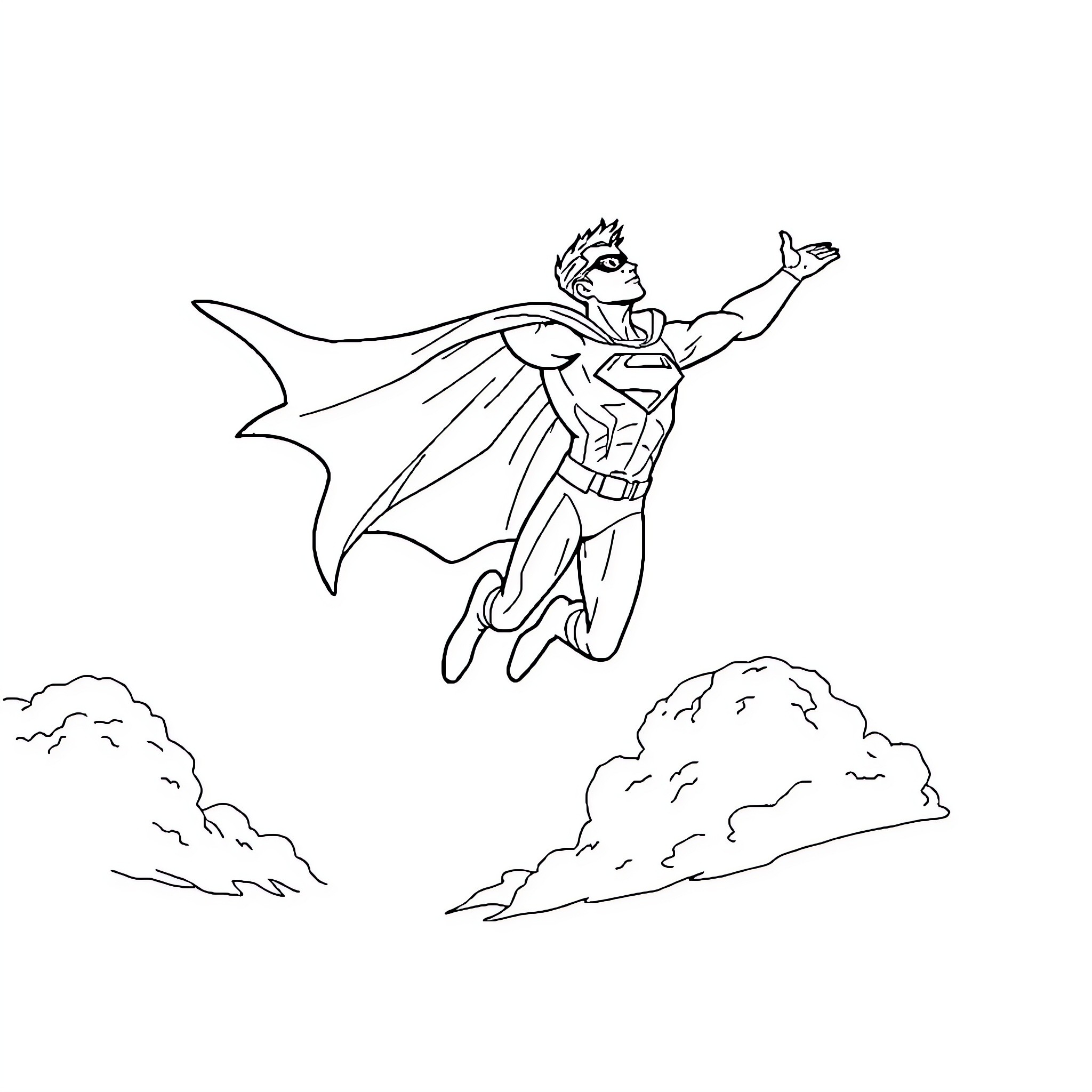 Superhero flying through the clouds Coloring Page (free black-and-white line drawing printable PDF for all, from beginners to advanced learners, including children, teens, adults, and seniors)