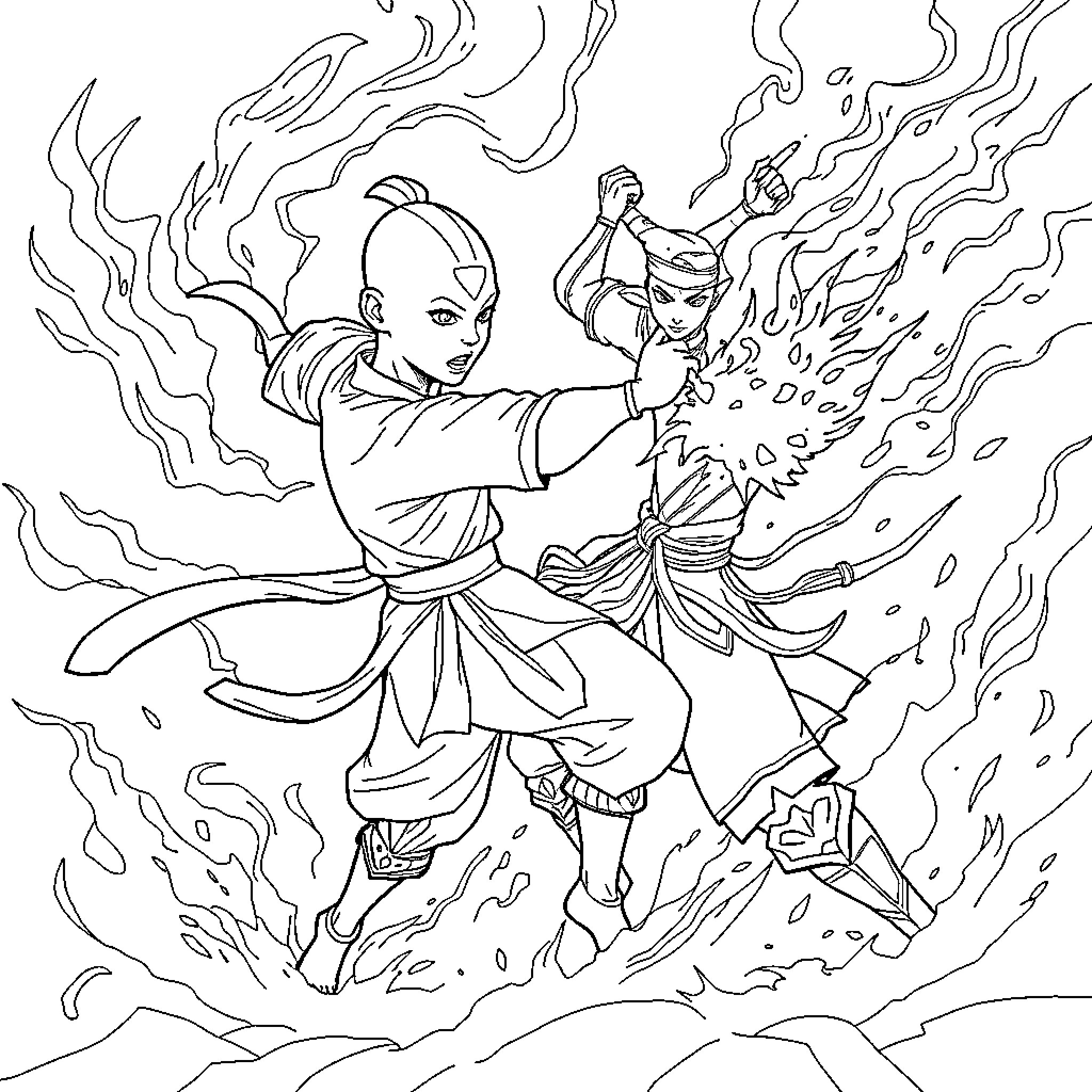 Avatar Engaged in Intense Martial Arts Display Coloring Page (free black-and-white line drawing printable PDF for all, from beginners to advanced learners, including children, teens, adults, and seniors)