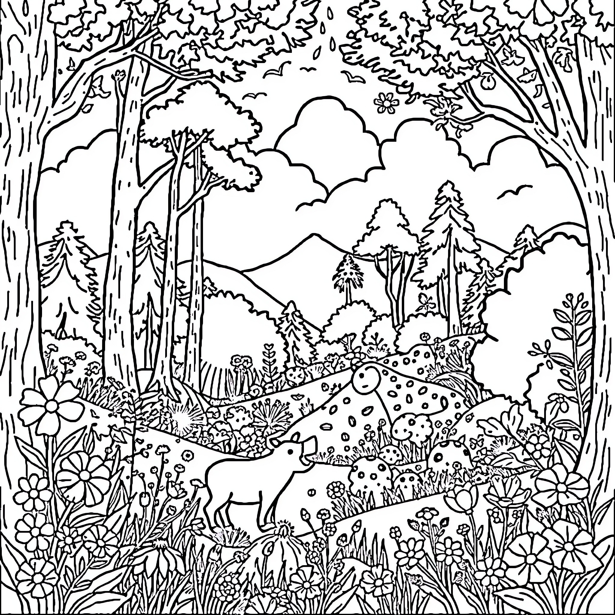 Nature's Enchanting Forest Landscape Coloring Page (free black-and-white line drawing printable PDF for all, from beginners to advanced learners, including children, teens, adults, and seniors)