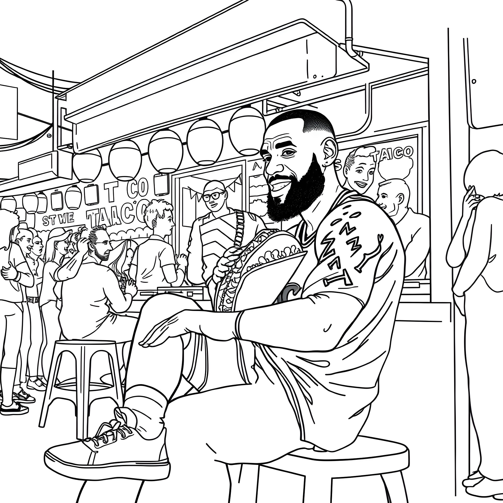 LeBron James interacting with fans at a taco shop Coloring Page (free black-and-white line drawing printable PDF for all, from beginners to advanced learners, including children, teens, adults, and seniors)