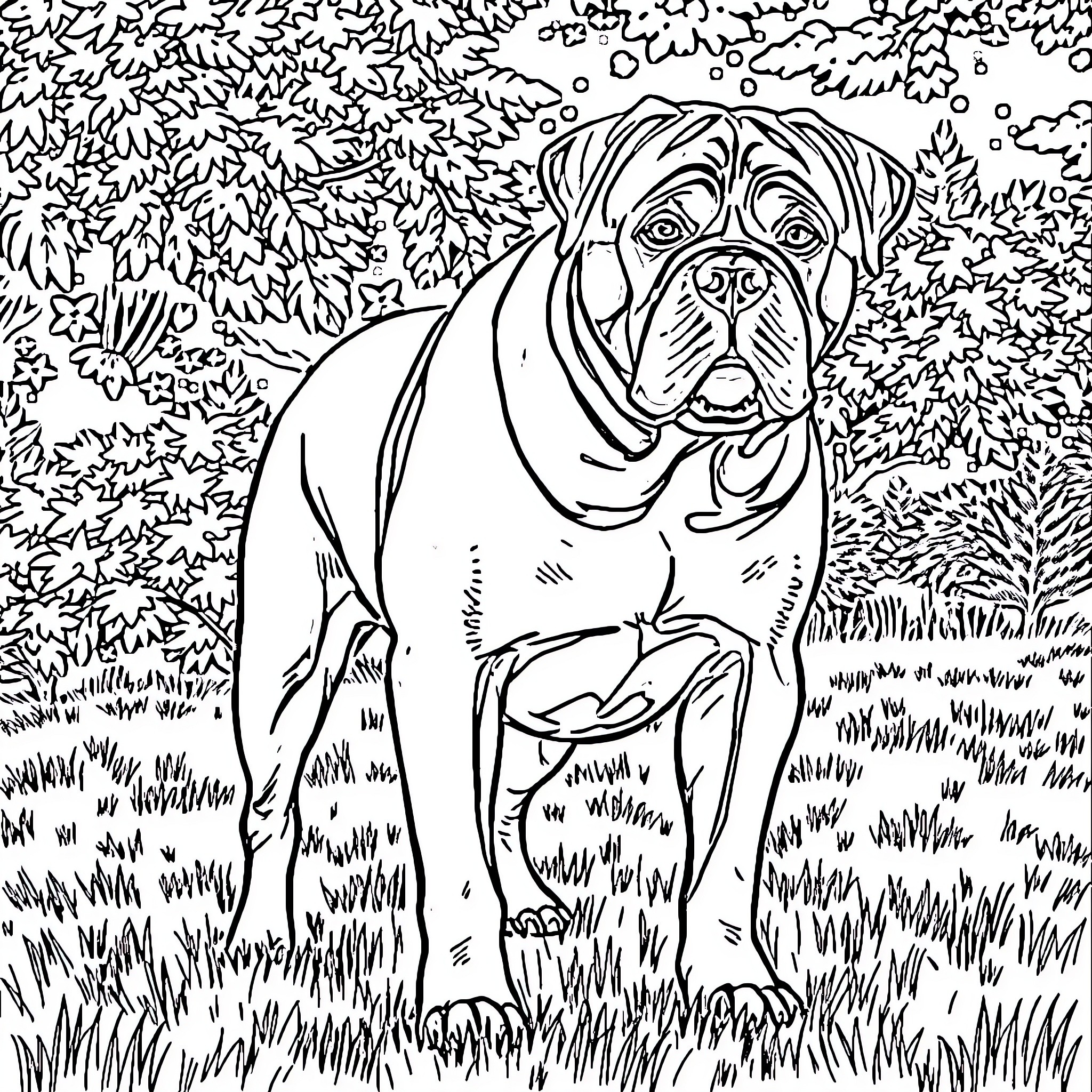 Rottweiler dog in natural outdoor setting Coloring Page (free black-and-white line drawing printable PDF for all, from beginners to advanced learners, including children, teens, adults, and seniors)