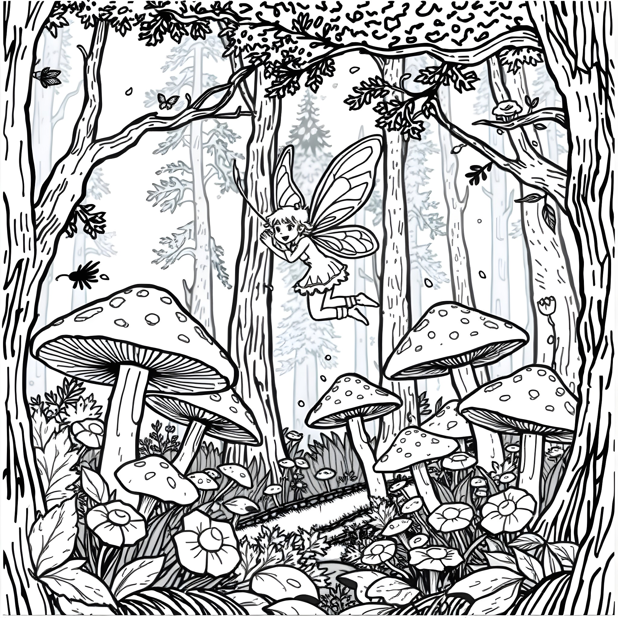 Fairy Flying in Enchanted Forest Coloring Page (free black-and-white line drawing printable PDF for all, from beginners to advanced learners, including children, teens, adults, and seniors)