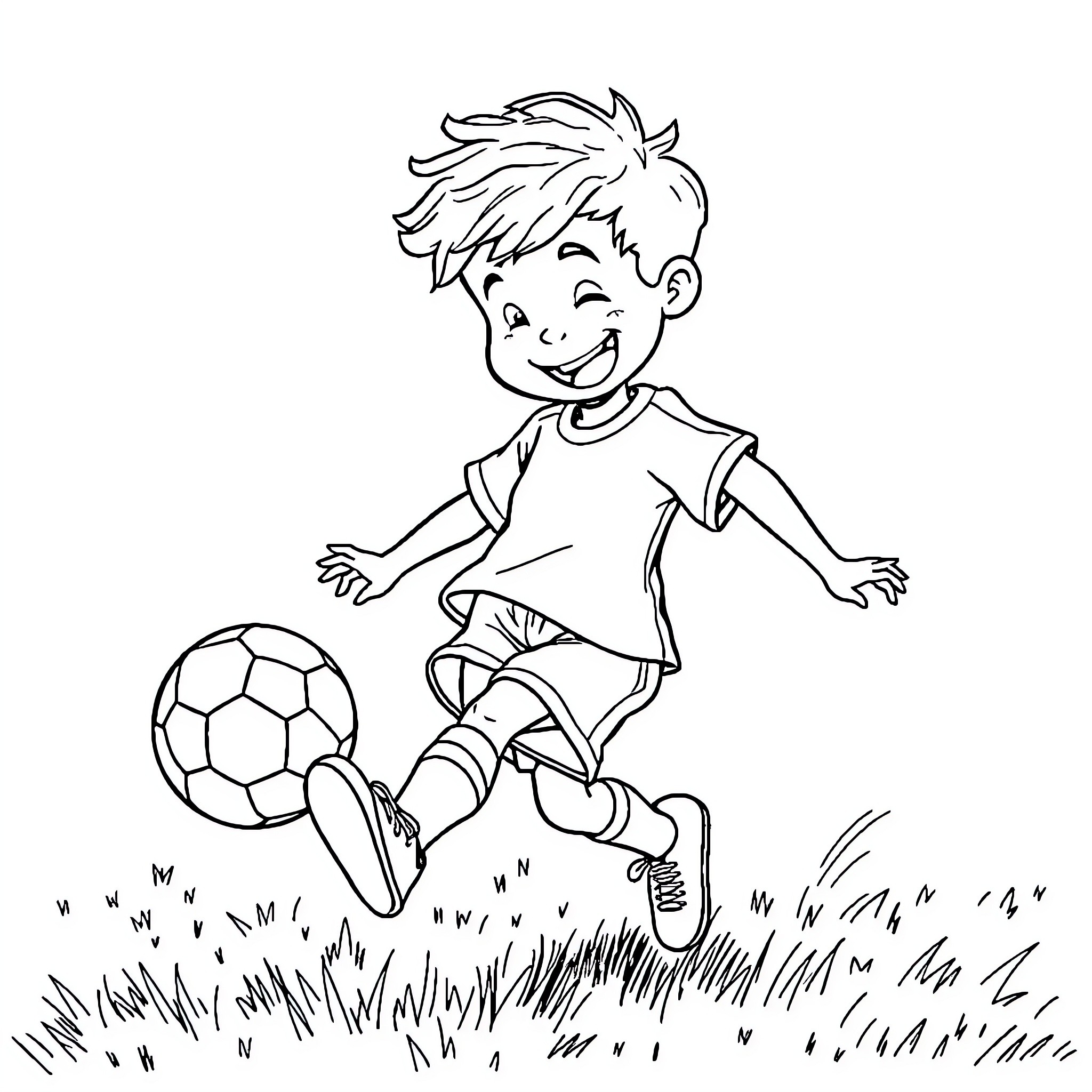 Boy playing happily with soccer ball in the field Coloring Page (free black-and-white line drawing printable PDF for all, from beginners to advanced learners, including children, teens, adults, and seniors)