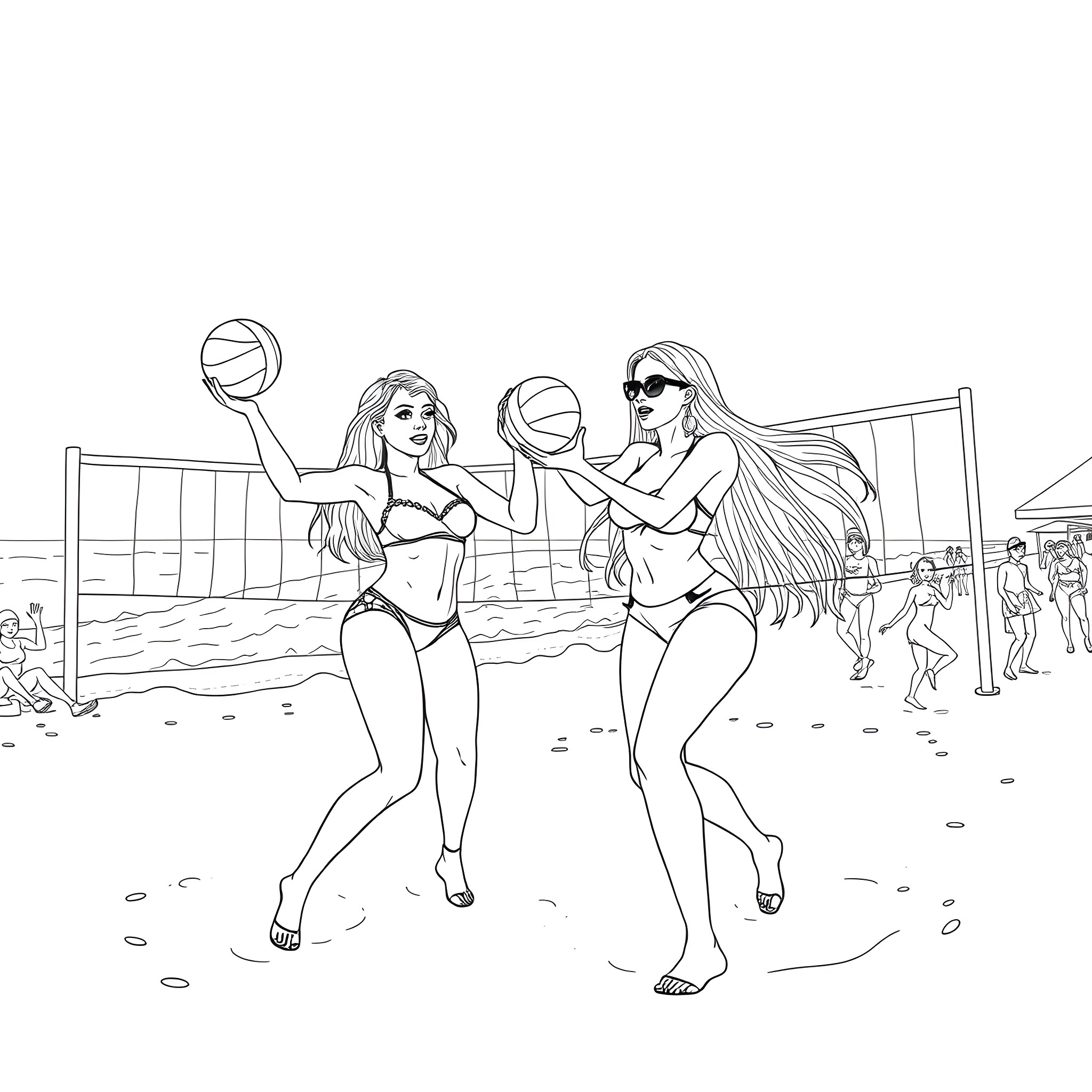 Selena Gomez and friends enjoying a beach volleyball game Coloring Page (free black-and-white line drawing printable PDF for all, from beginners to advanced learners, including children, teens, adults, and seniors)