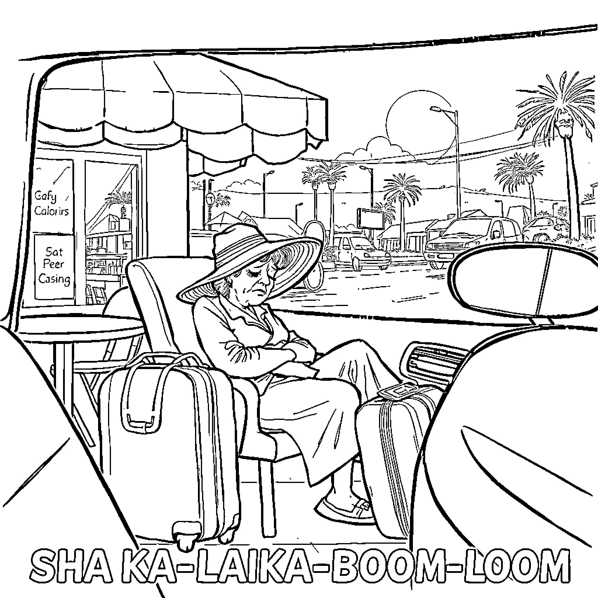 Lady enjoying leisurely scene in outdoor cafe Coloring Page (free black-and-white line drawing printable PDF for all, from beginners to advanced learners, including children, teens, adults, and seniors)