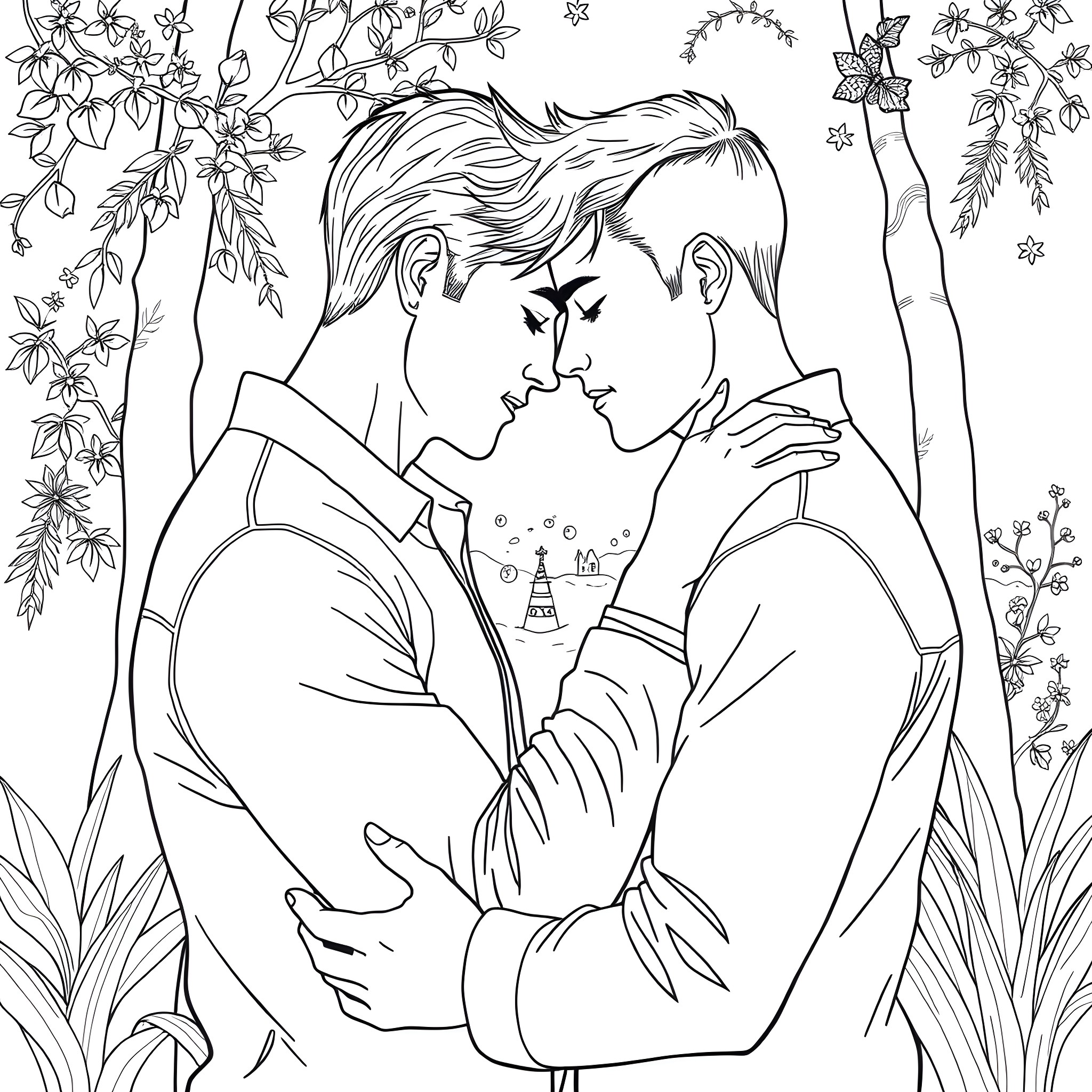 Man shares intimate moment with partner in nature Coloring Page (free black-and-white line drawing printable PDF for all, from beginners to advanced learners, including children, teens, adults, and seniors)