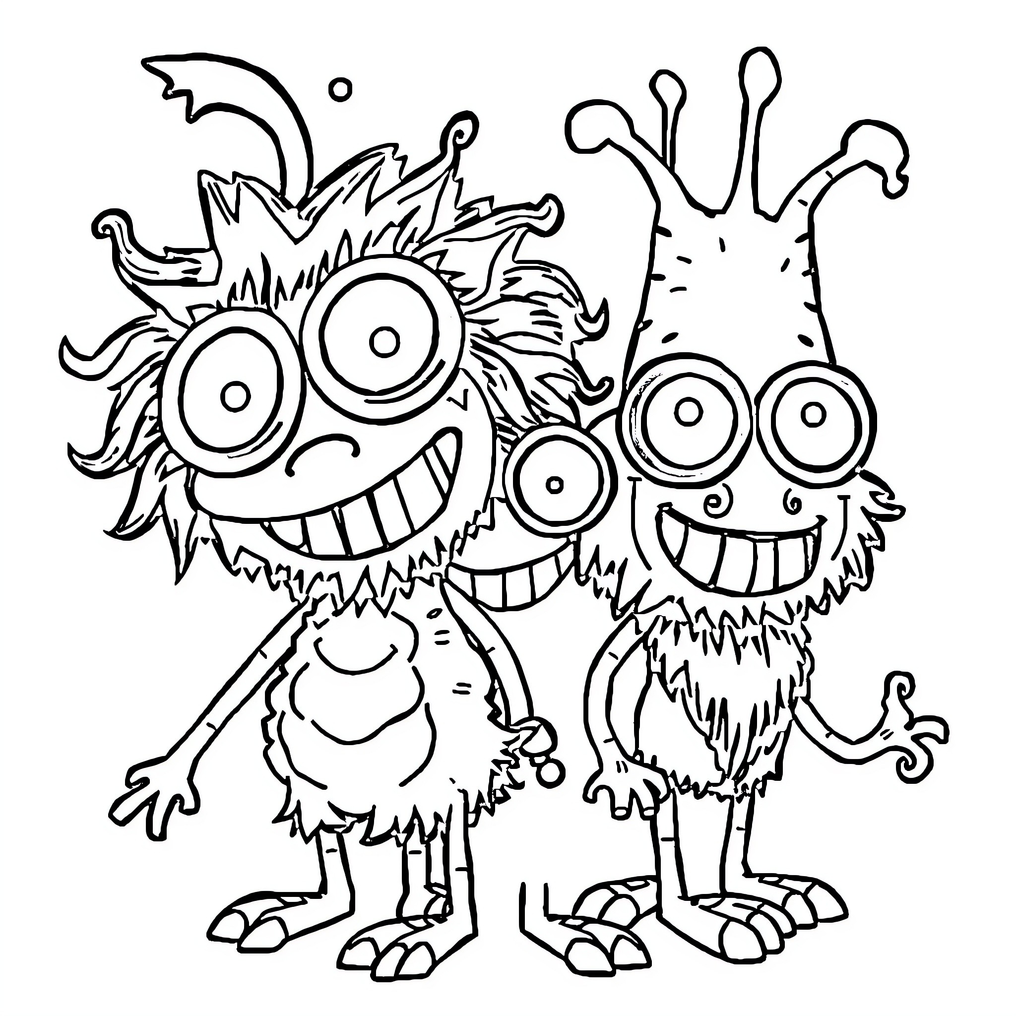 Character Crazy Cartoon Monsters Coloring Page (free black-and-white line drawing printable PDF for all, from beginners to advanced learners, including children, teens, adults, and seniors)