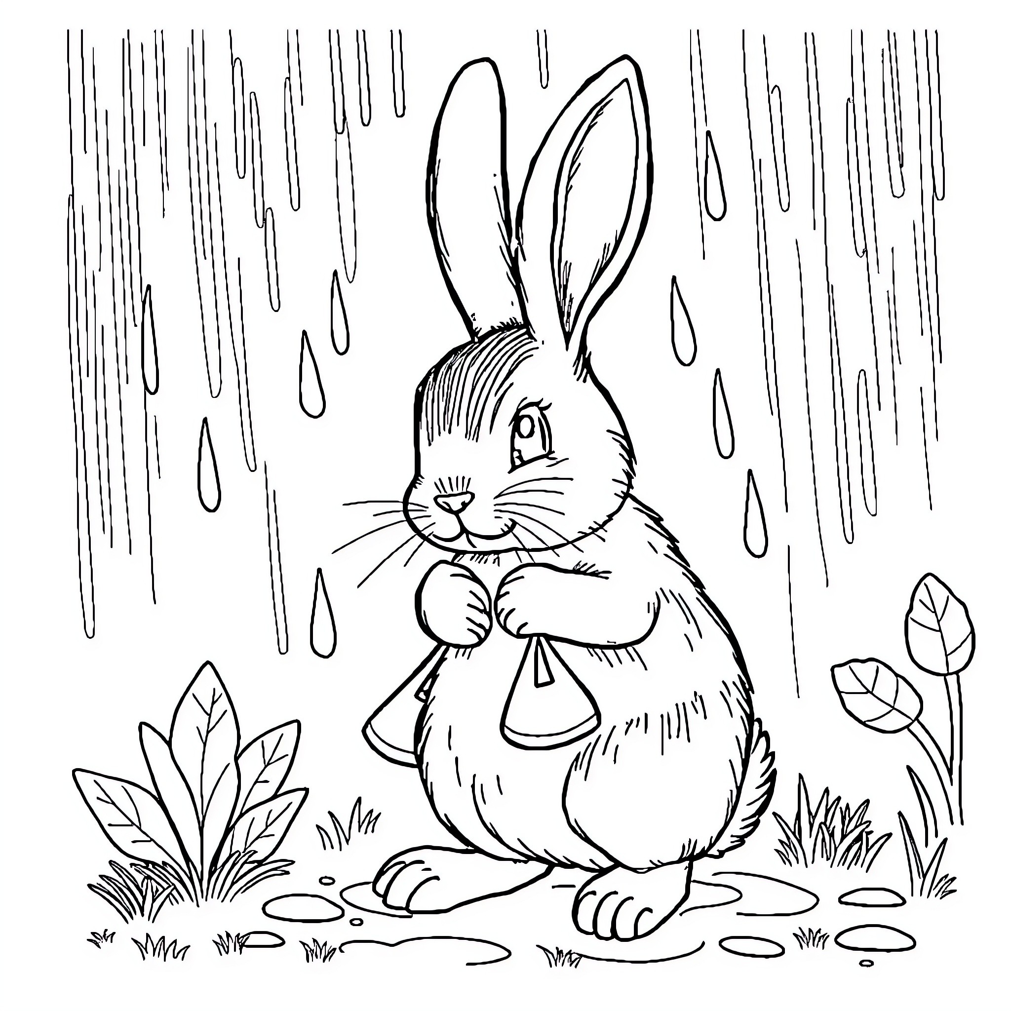 Rabbit hiding from the rain in nature Coloring Page (free black-and-white line drawing printable PDF for all, from beginners to advanced learners, including children, teens, adults, and seniors)