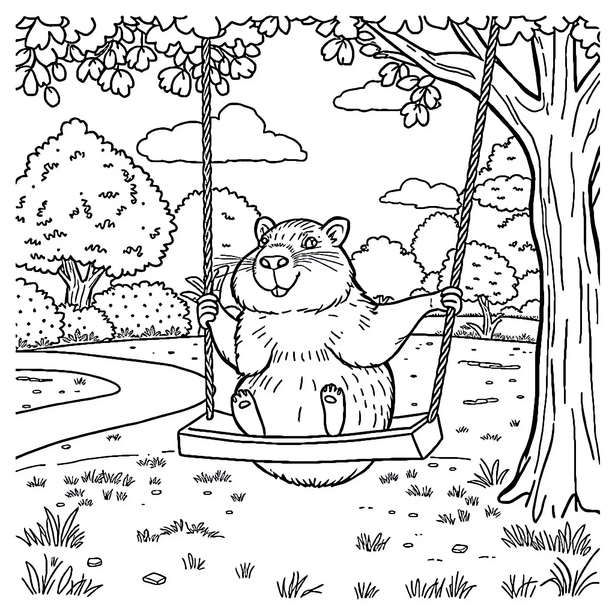 Capybara enjoying a swing in the park Coloring Page (free black-and-white line drawing printable PDF for all, from beginners to advanced learners, including children, teens, adults, and seniors)