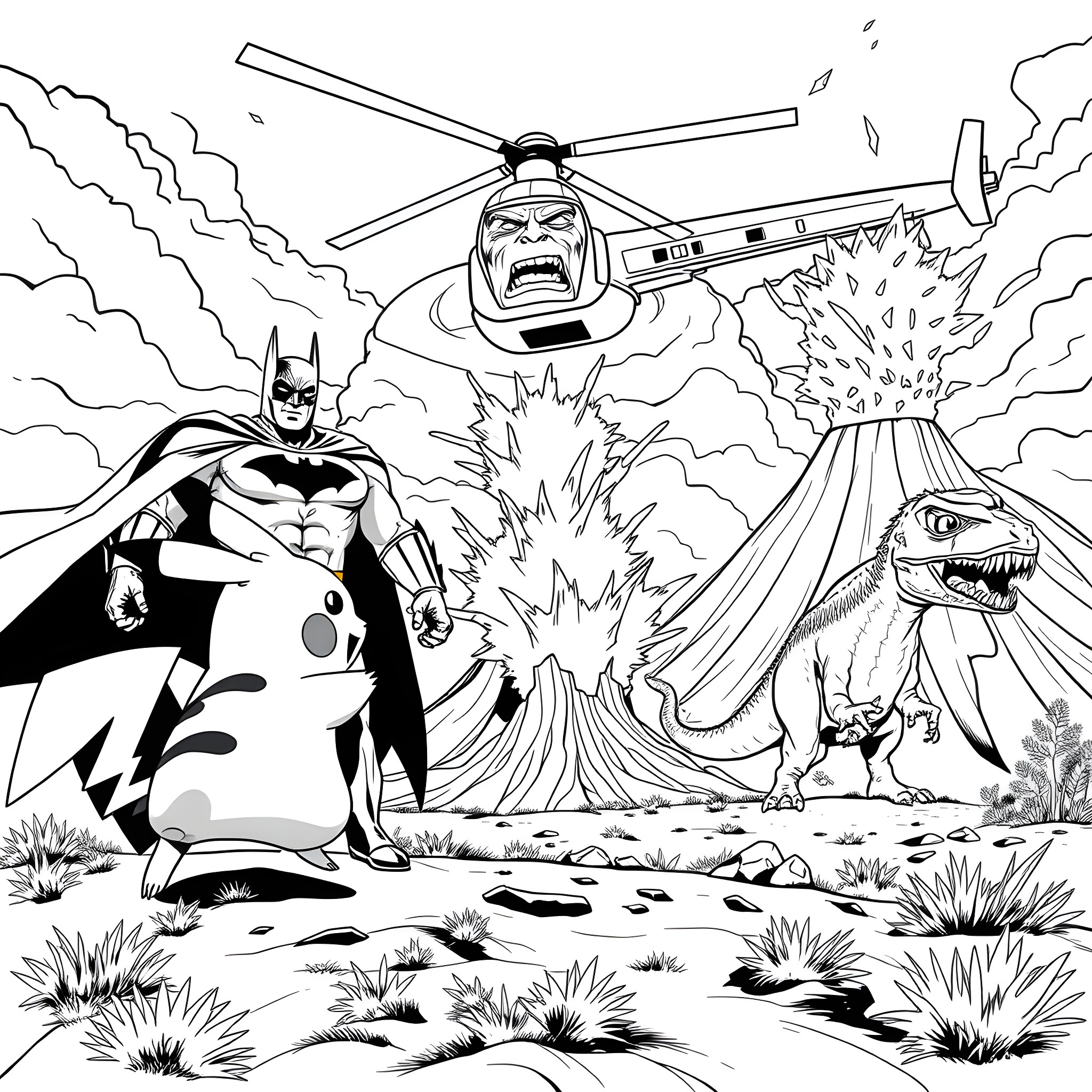 Pikachu and friends face off against a supervillain in an action-packed scene Coloring Page (free black-and-white line drawing printable PDF for all, from beginners to advanced learners, including children, teens, adults, and seniors)