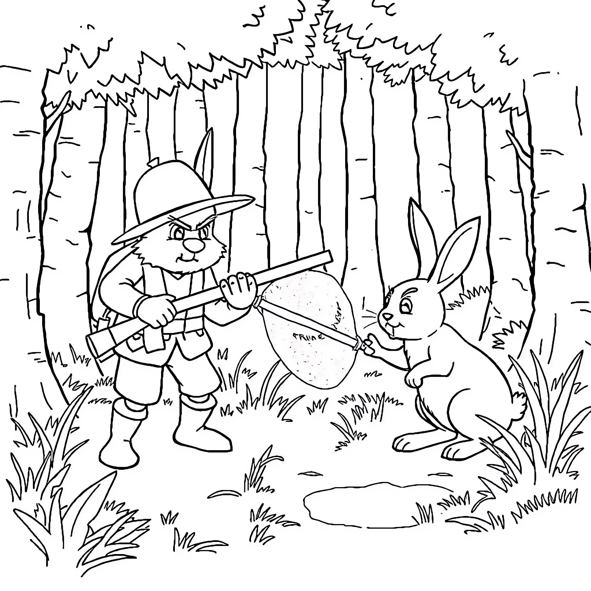 Rabbit with farmer in the forest Coloring Page (free black-and-white line drawing printable PDF for all, from beginners to advanced learners, including children, teens, adults, and seniors)