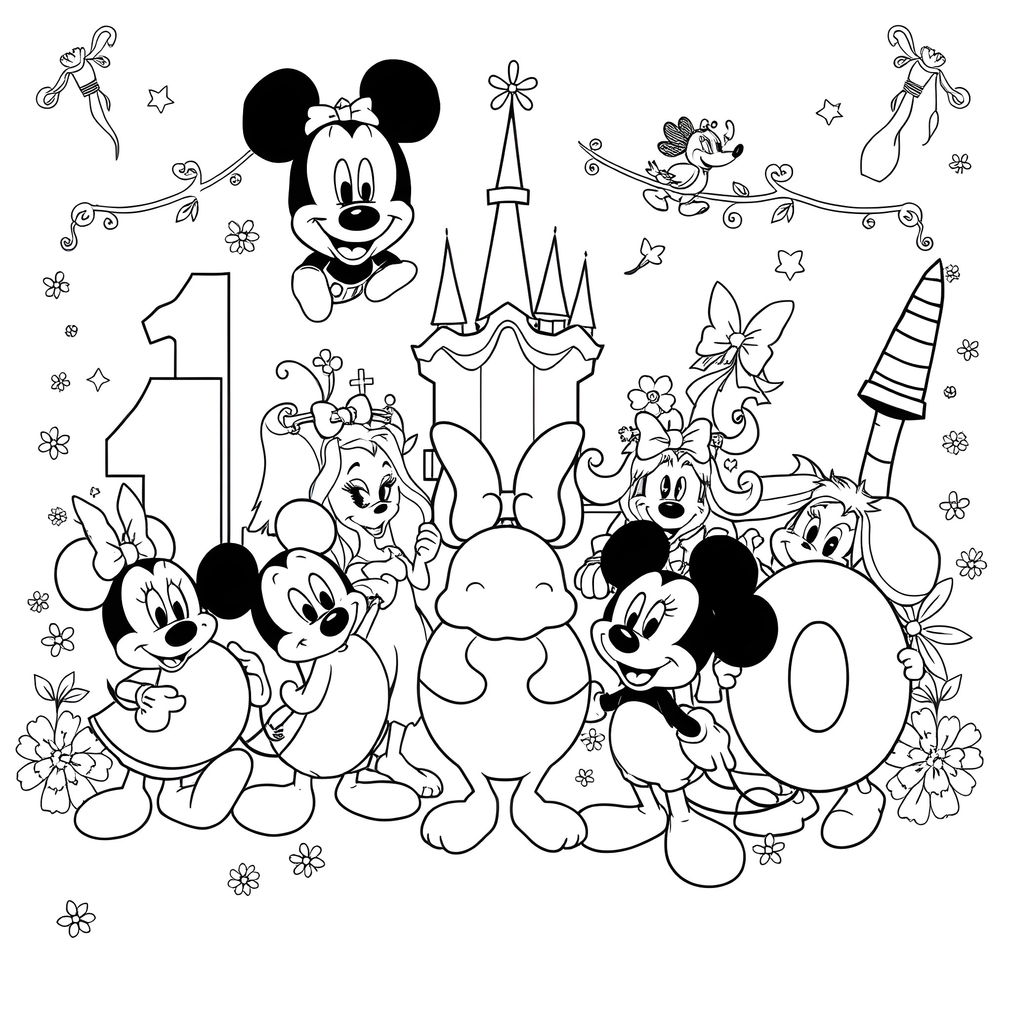 Disney Characters Celebrating with Magical Scenery Coloring Page (free black-and-white line drawing printable PDF for all, from beginners to advanced learners, including children, teens, adults, and seniors)
