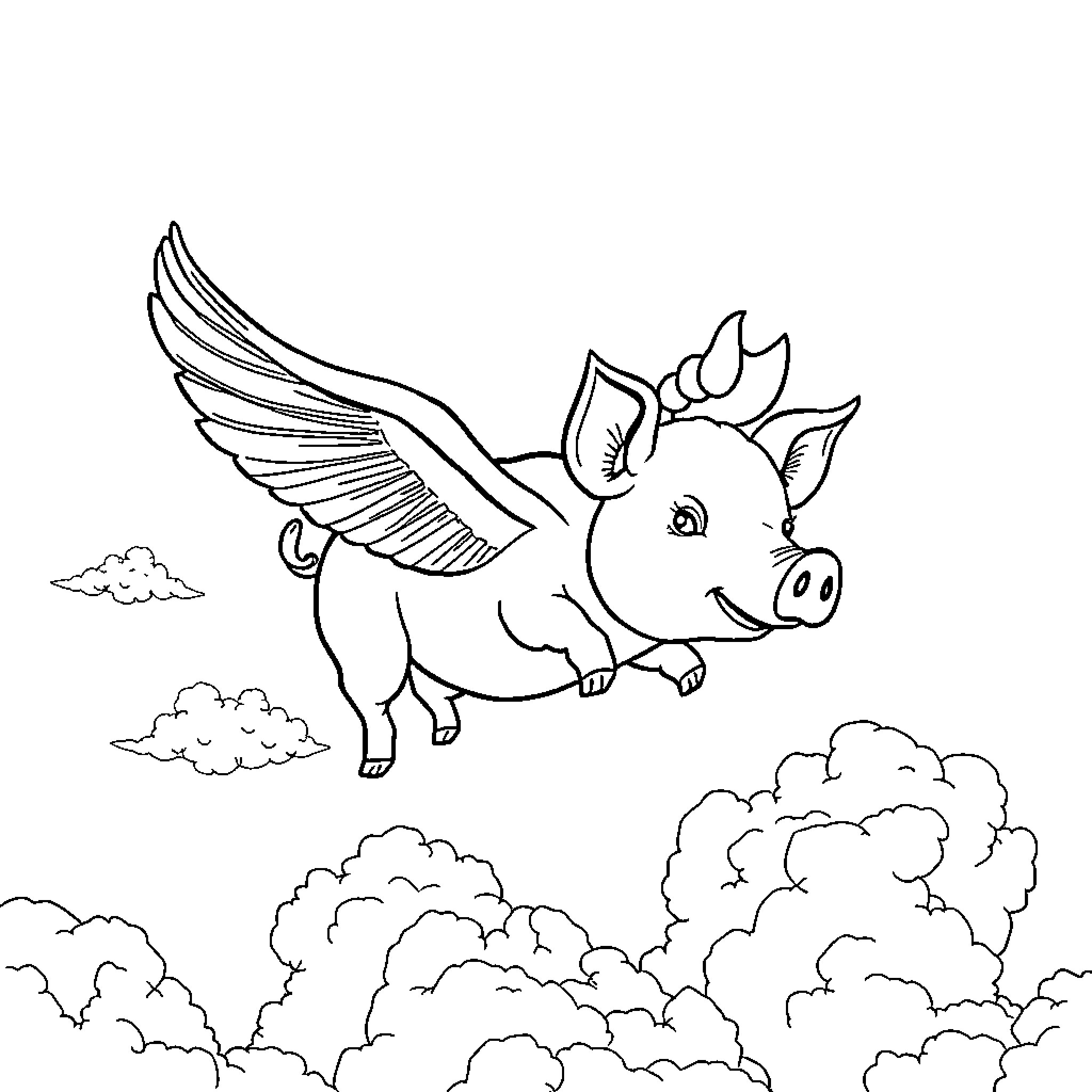 Flying Pig soaring through the clouds Coloring Page (free black-and-white line drawing printable PDF for all, from beginners to advanced learners, including children, teens, adults, and seniors)