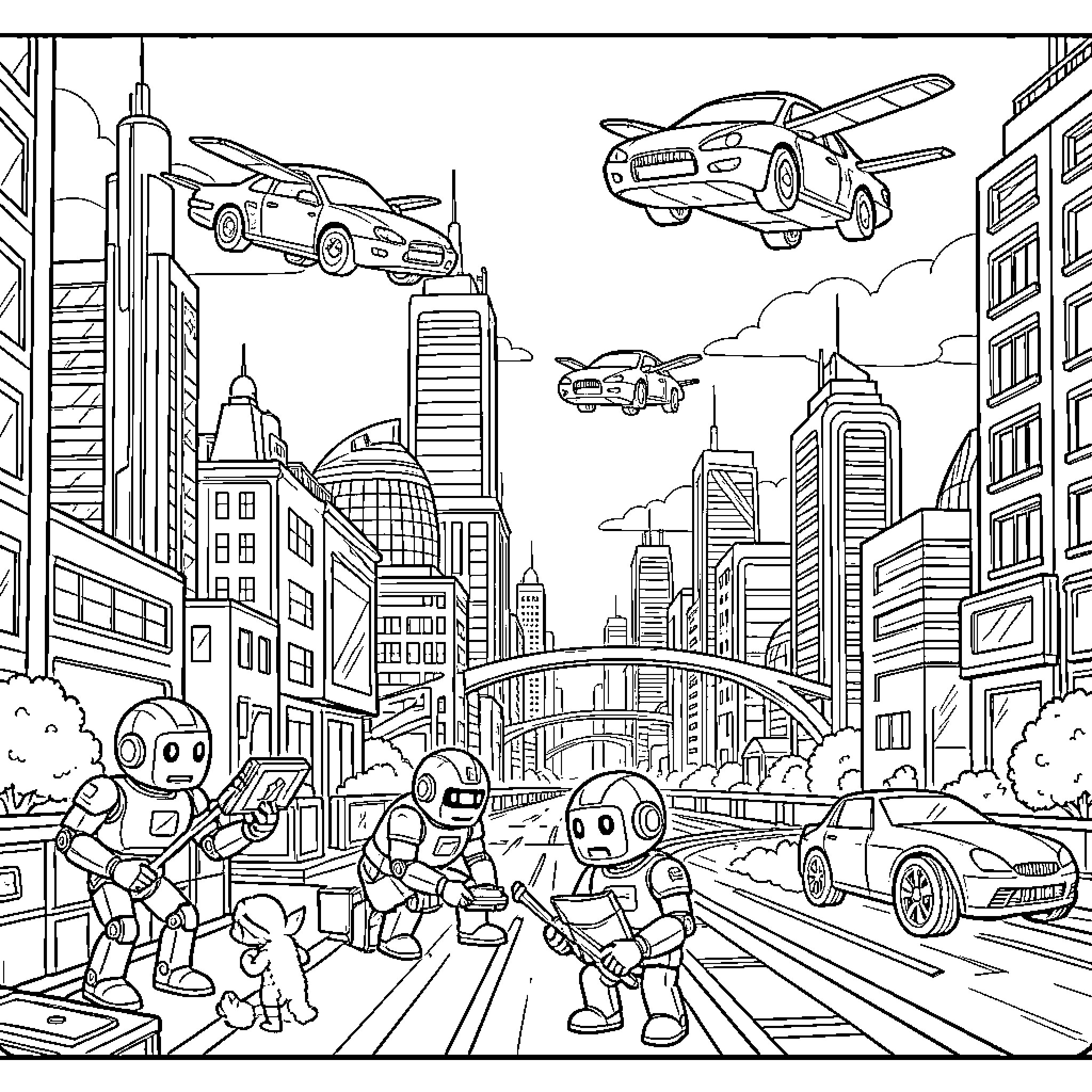 Robot Superheroes Battle in the Futuristic City Coloring Page (free black-and-white line drawing printable PDF for all, from beginners to advanced learners, including children, teens, adults, and seniors)