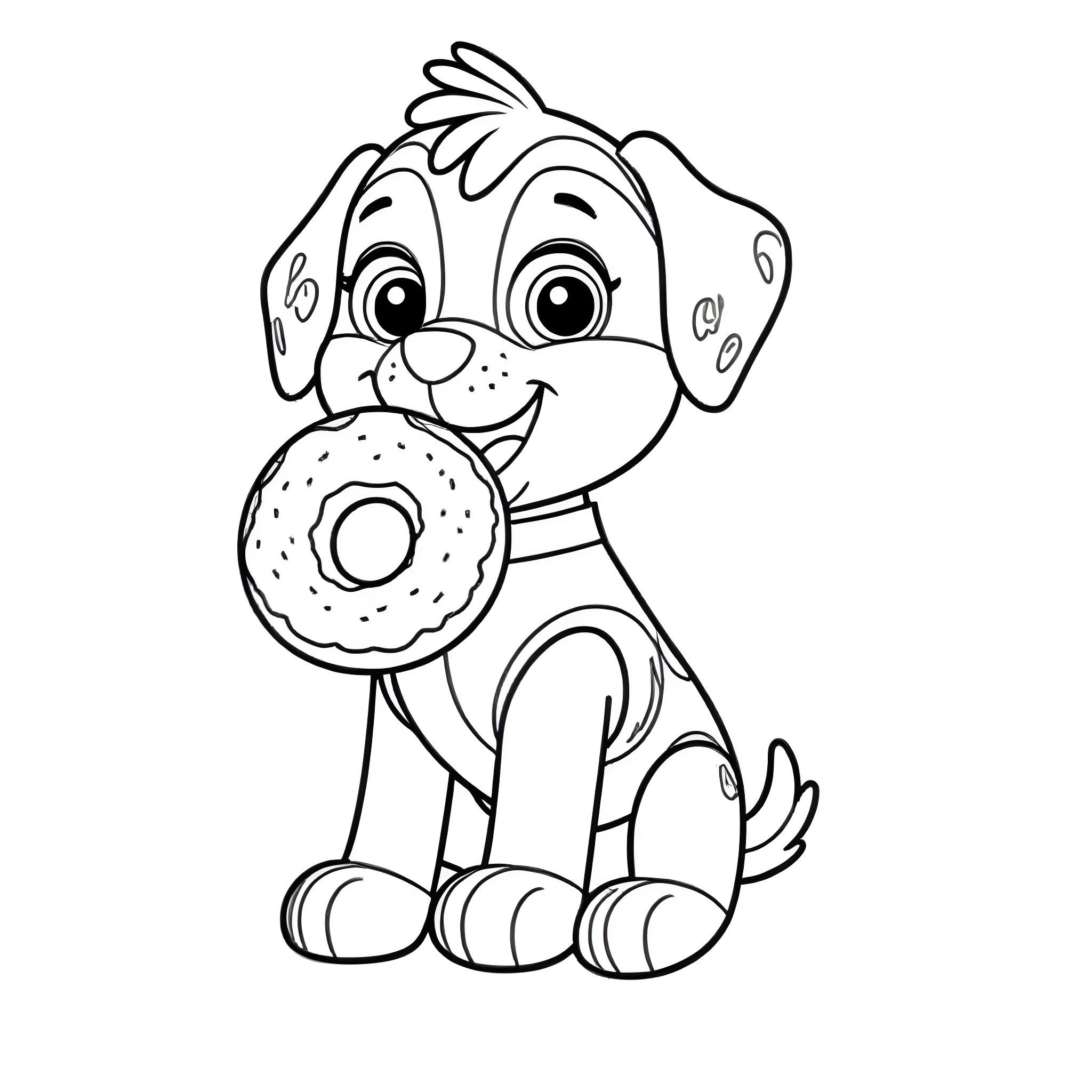 Rubble the puppy playing with a donut Coloring Page (free black-and-white line drawing printable PDF for all, from beginners to advanced learners, including children, teens, adults, and seniors)