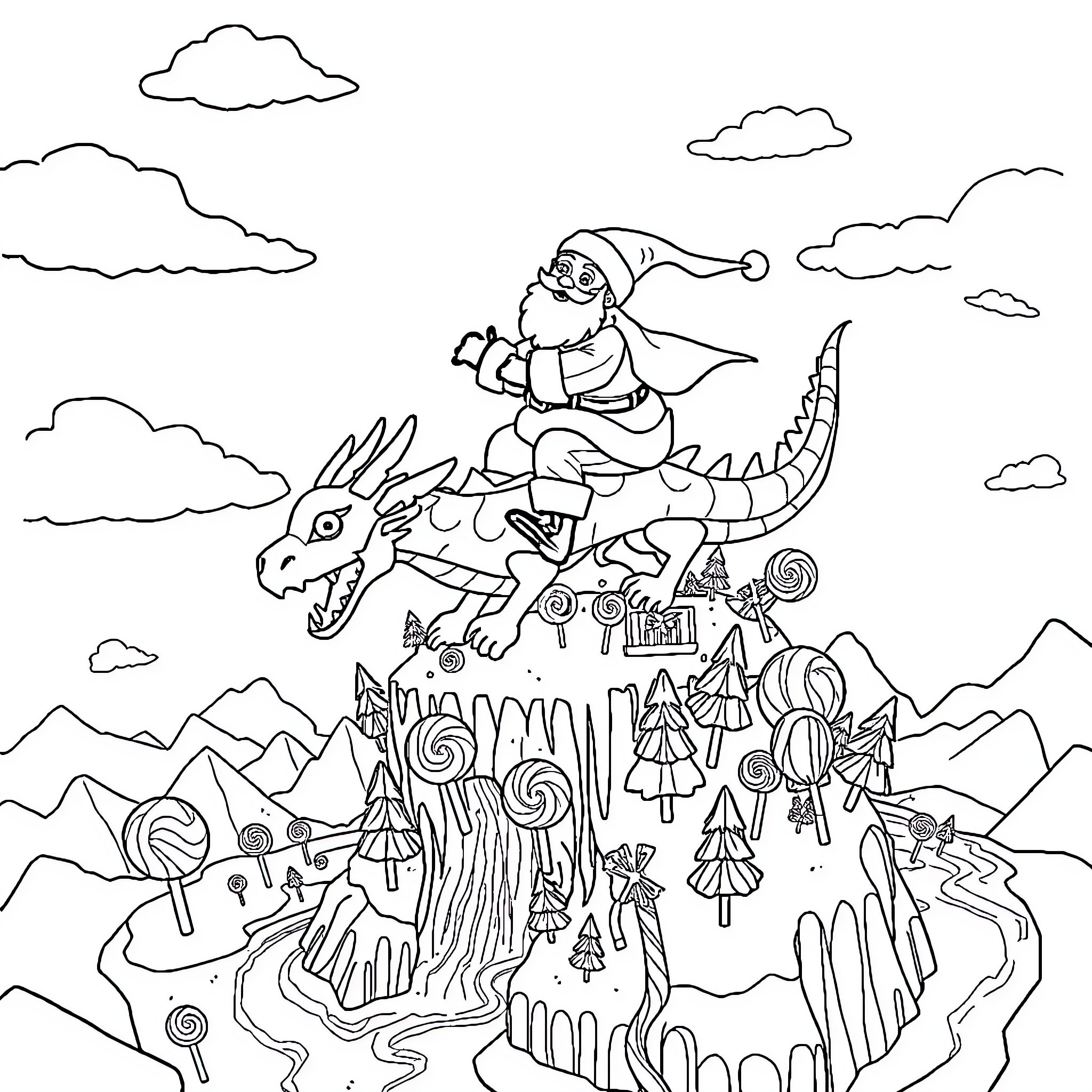 Santa Claus riding a dragon through a fantastical landscape Coloring Page (free black-and-white line drawing printable PDF for all, from beginners to advanced learners, including children, teens, adults, and seniors)