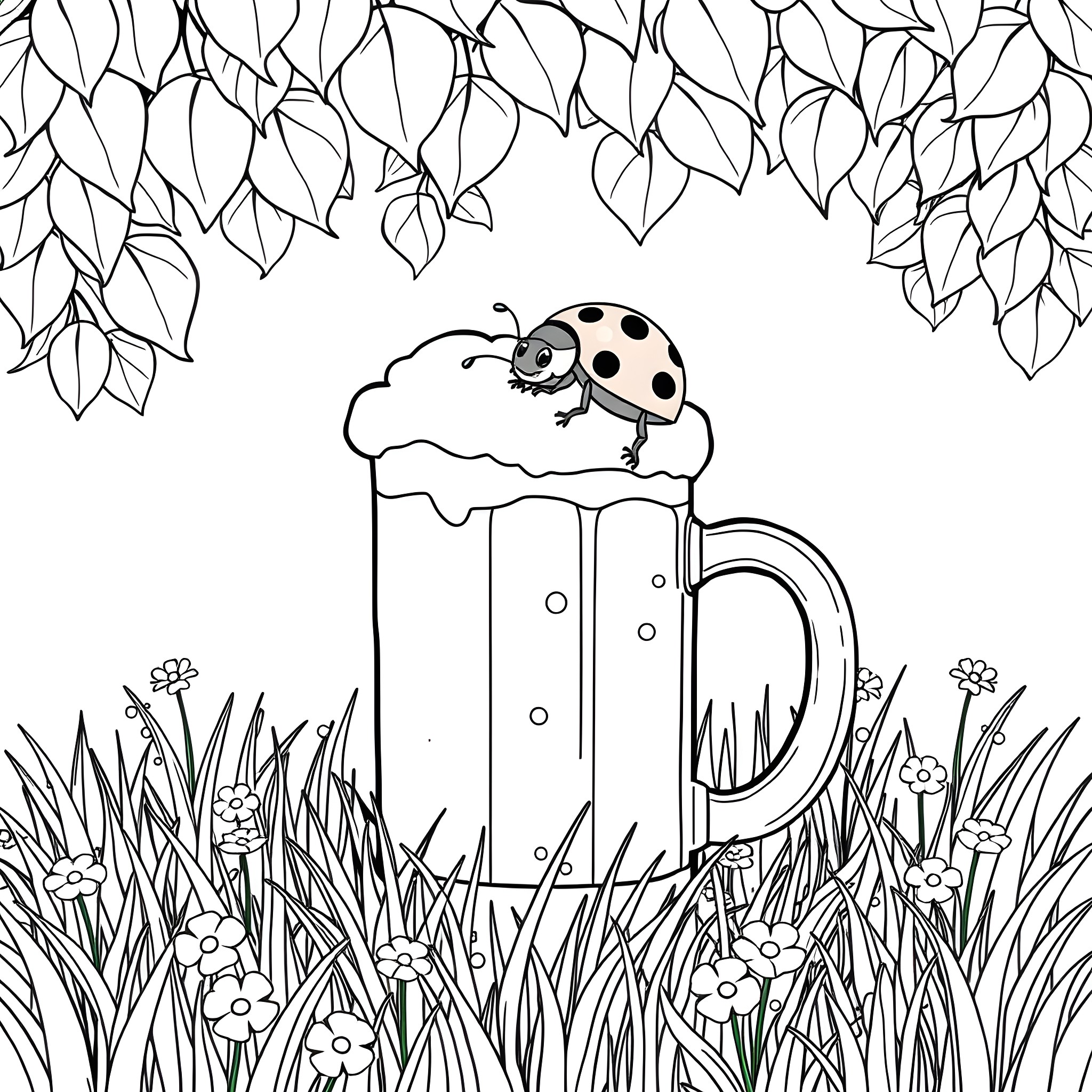 Ladybug crawling on a mug in the garden Coloring Page (free black-and-white line drawing printable PDF for all, from beginners to advanced learners, including children, teens, adults, and seniors)