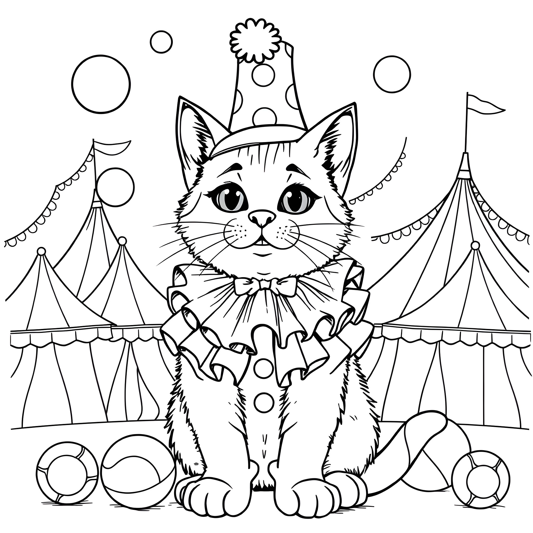 Cat dressed as clown at circus Coloring Page (free black-and-white line drawing printable PDF for all, from beginners to advanced learners, including children, teens, adults, and seniors)