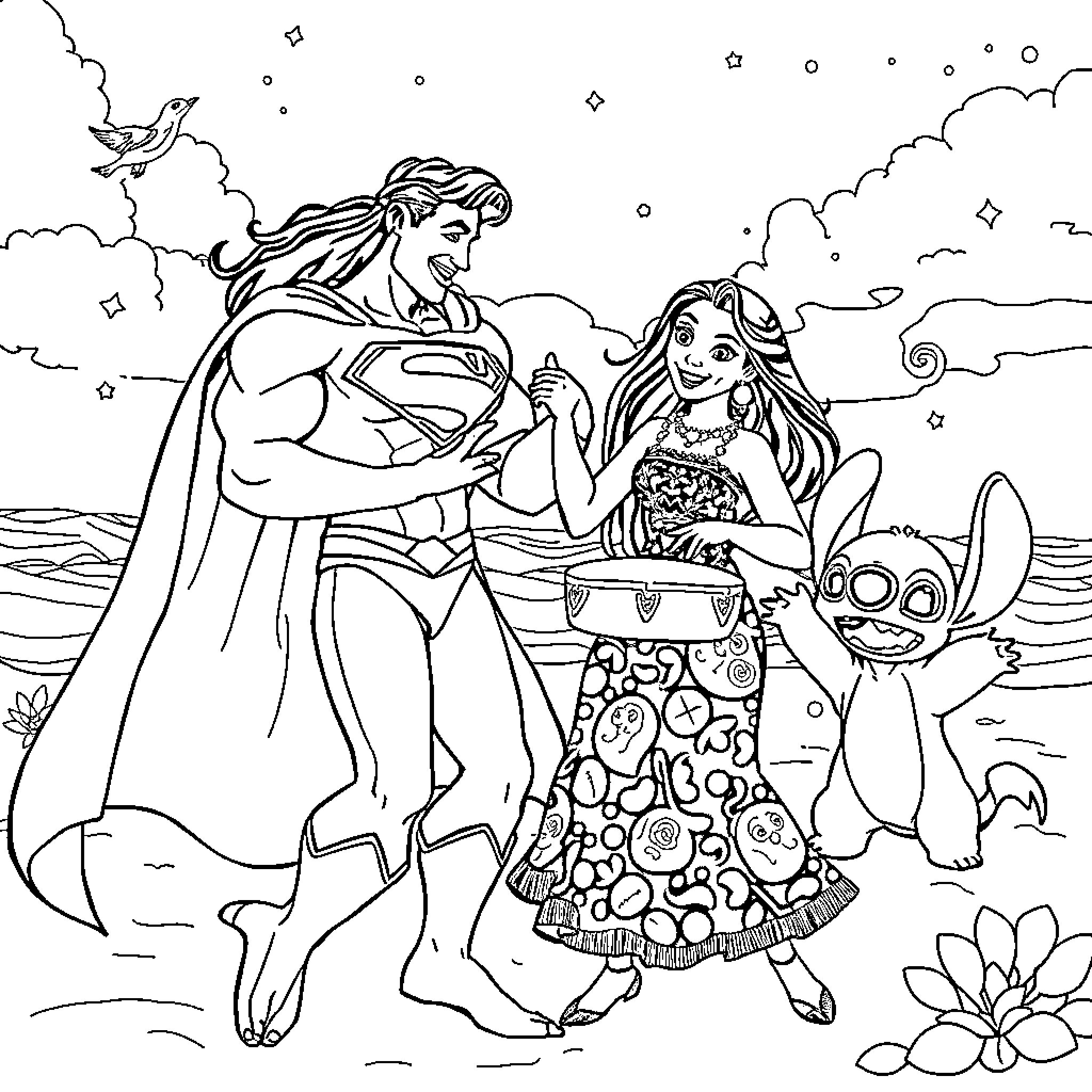 Sirenita's Enchanting Adventure with Superhero and Stitch Coloring Page (free black-and-white line drawing printable PDF for all, from beginners to advanced learners, including children, teens, adults, and seniors)