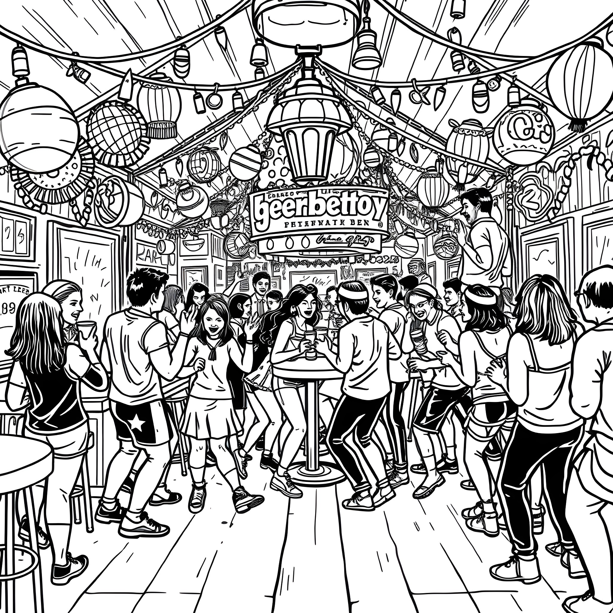 Party Scene at a Lively Fairground Coloring Page (free black-and-white line drawing printable PDF for all, from beginners to advanced learners, including children, teens, adults, and seniors)