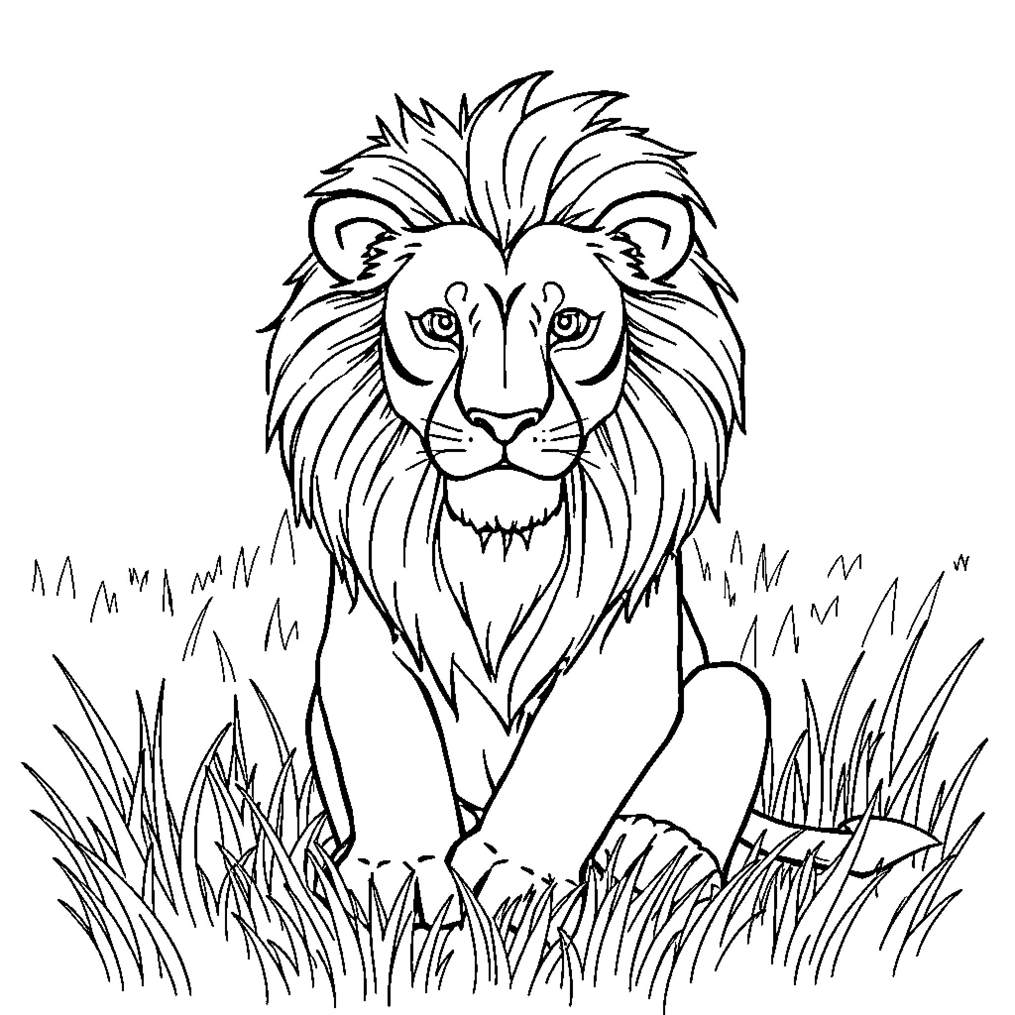 Lion resting calmly in the grassy field Coloring Page (free black-and-white line drawing printable PDF for all, from beginners to advanced learners, including children, teens, adults, and seniors)