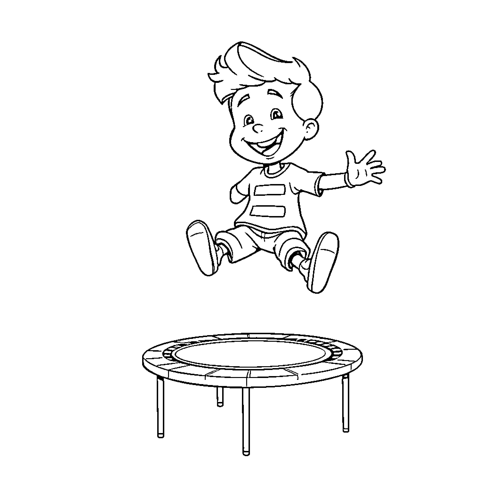 Lucas happily jumping on a trampoline Coloring Page (free black-and-white line drawing printable PDF for all, from beginners to advanced learners, including children, teens, adults, and seniors)