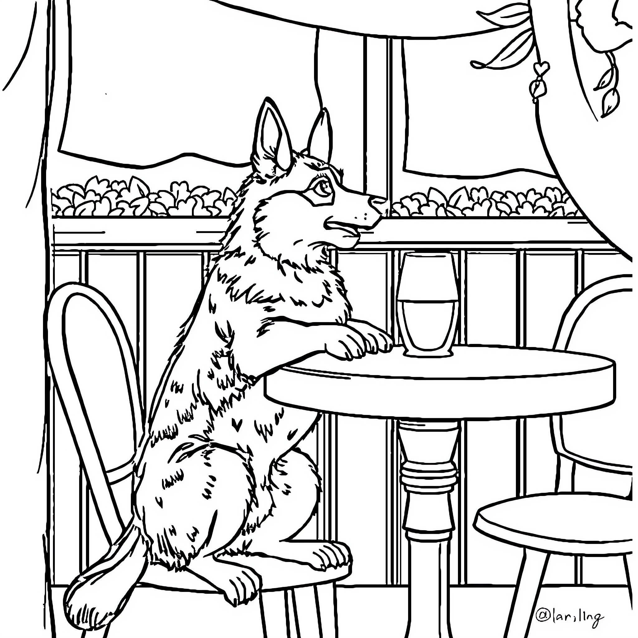 Perro relajándose en una terraza de café Coloring Page (free black-and-white line drawing printable PDF for all, from beginners to advanced learners, including children, teens, adults, and seniors)