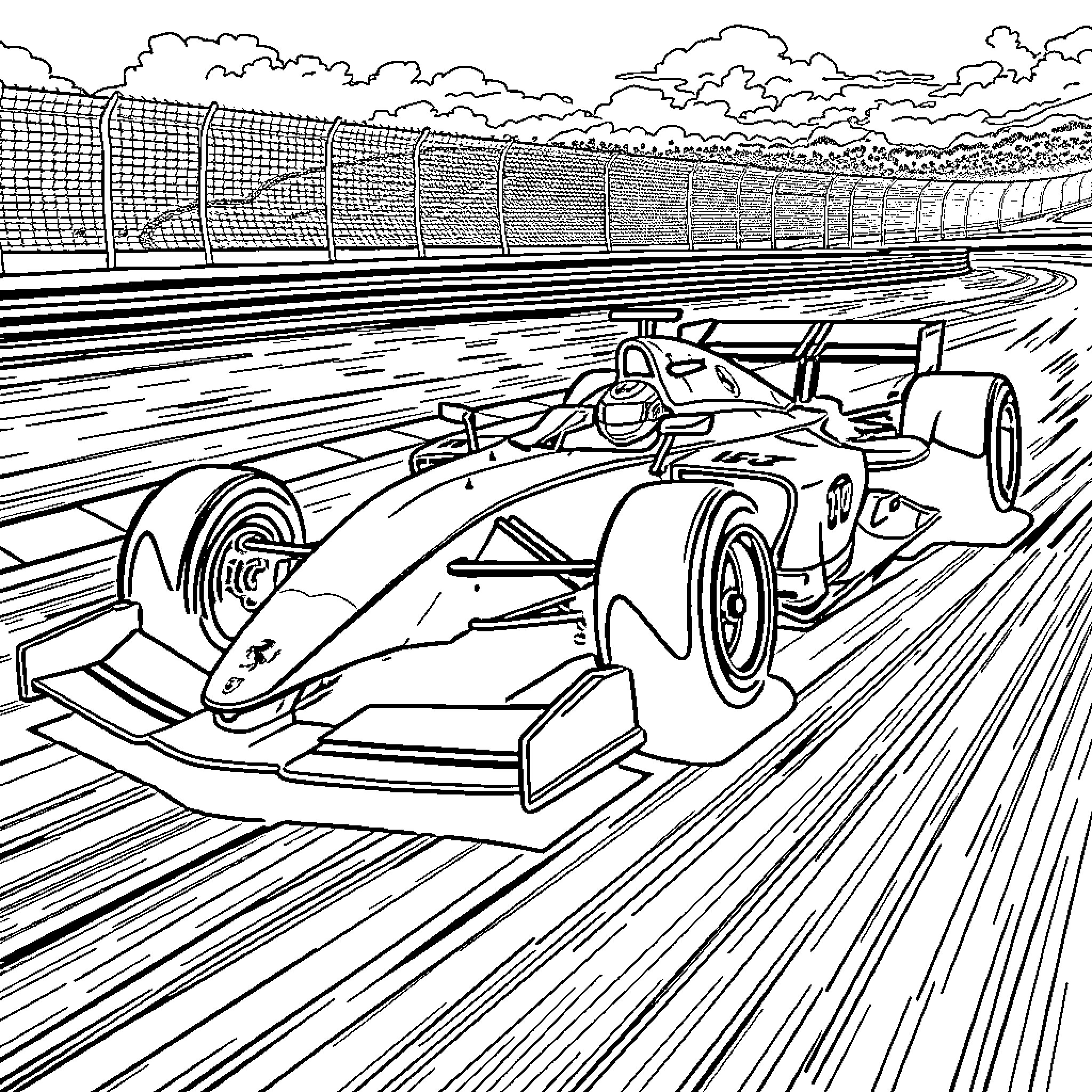 Ferrari Formula One Racing Car on the Track Coloring Page (free black-and-white line drawing printable PDF for all, from beginners to advanced learners, including children, teens, adults, and seniors)