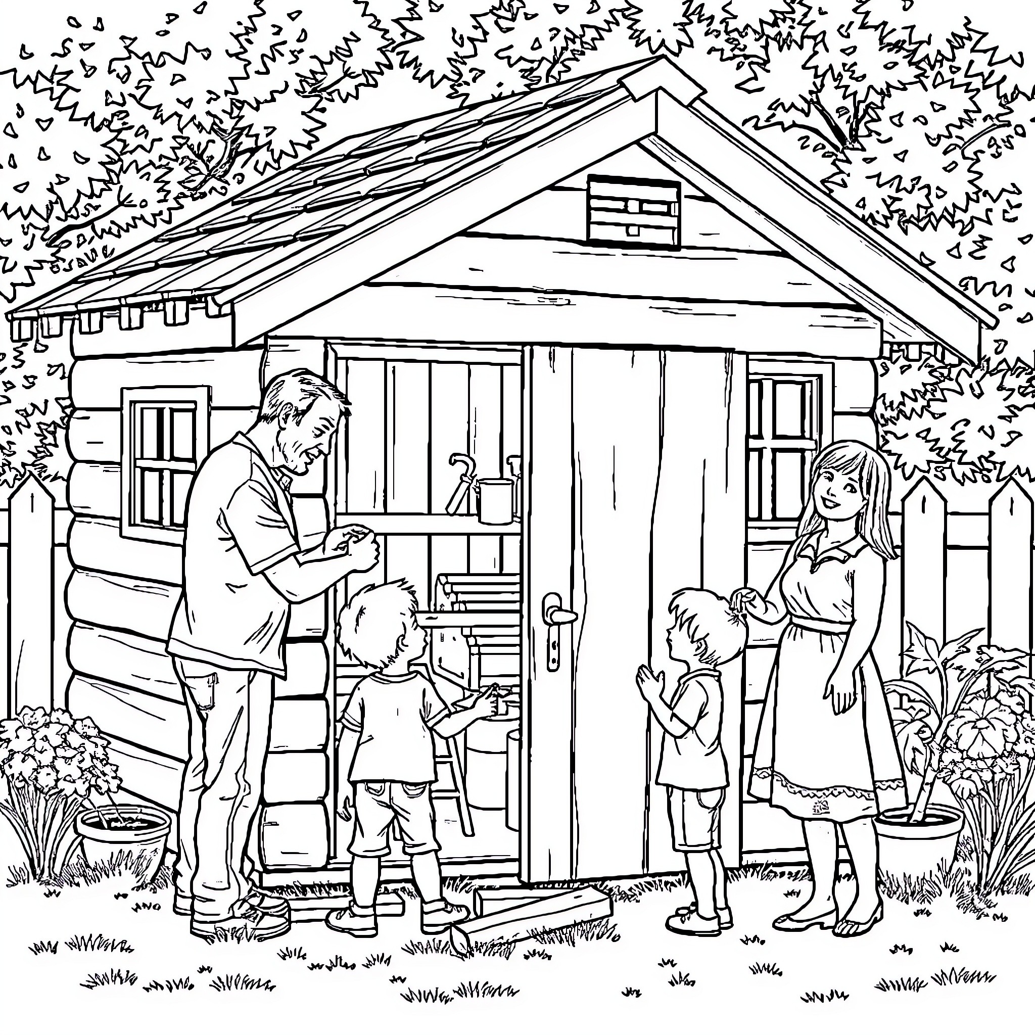 Man and his family outside their rural cabin Coloring Page (free black-and-white line drawing printable PDF for all, from beginners to advanced learners, including children, teens, adults, and seniors)