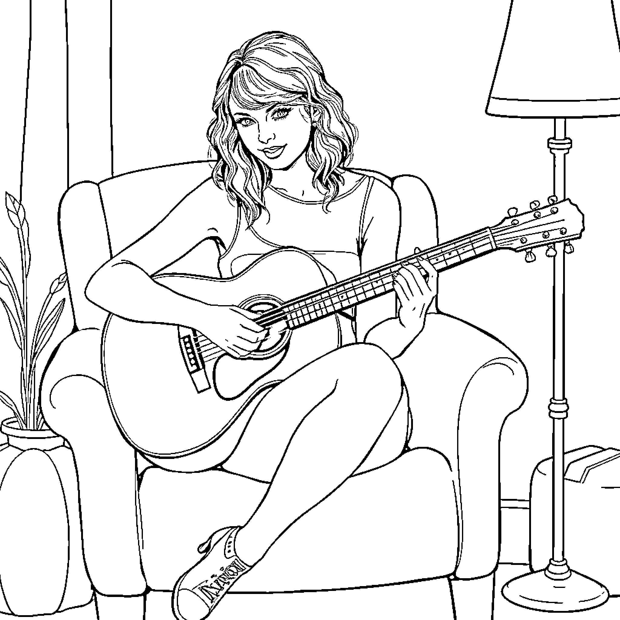 Taylor Swift playing acoustic guitar in cozy setting Coloring Page (free black-and-white line drawing printable PDF for all, from beginners to advanced learners, including children, teens, adults, and seniors)