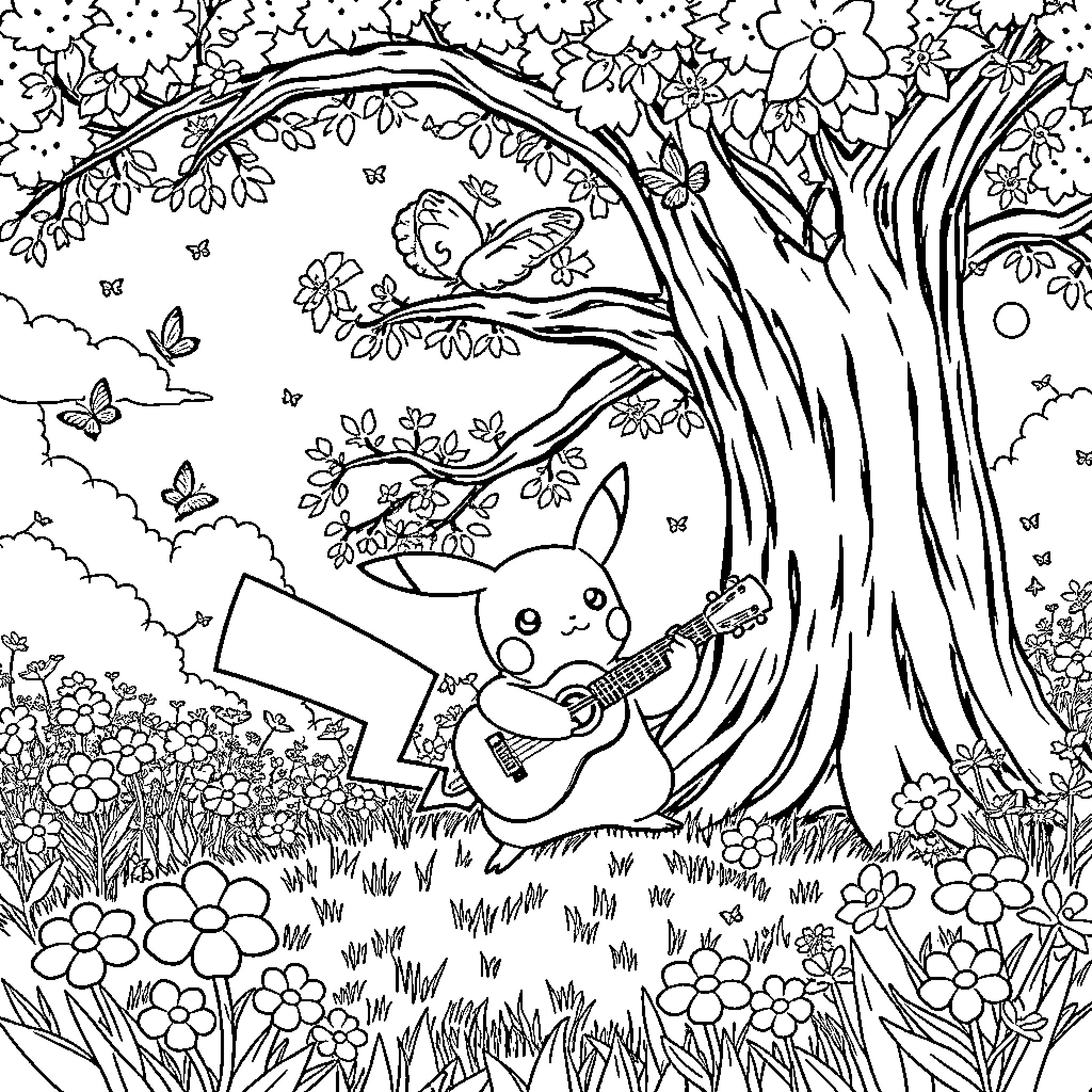 Pikachu playing guitar in a flower-filled forest Coloring Page (free black-and-white line drawing printable PDF for all, from beginners to advanced learners, including children, teens, adults, and seniors)