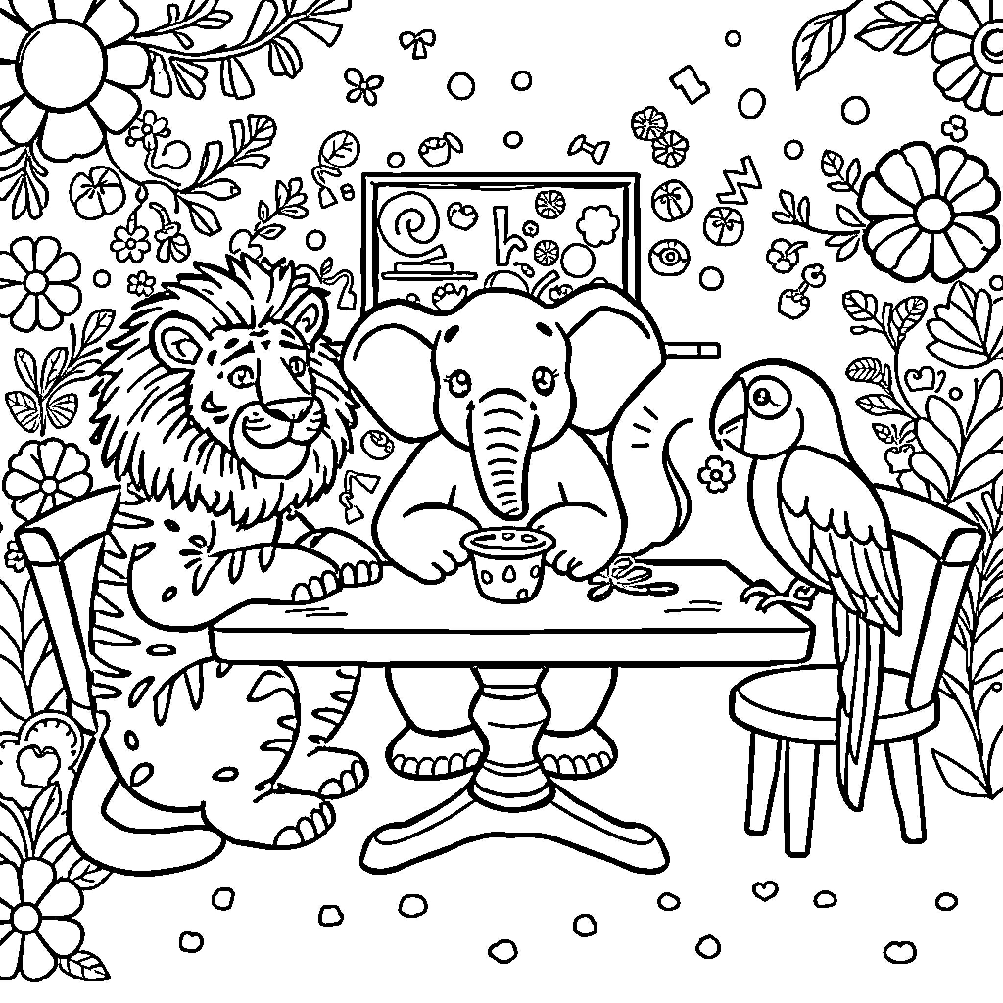Animal friends in a cozy indoor scene Coloring Page (free black-and-white line drawing printable PDF for all, from beginners to advanced learners, including children, teens, adults, and seniors)