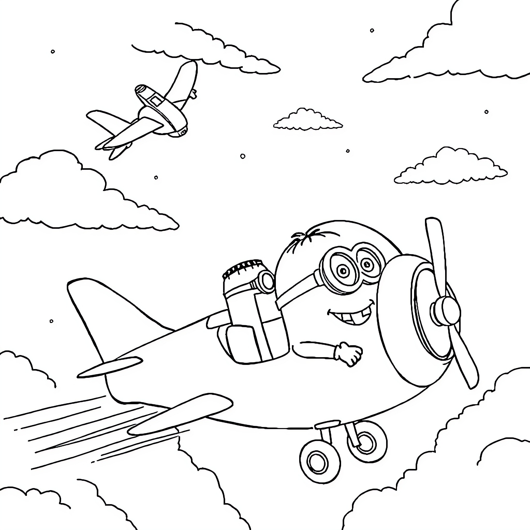Minion Pilots Airplane Through Cloudy Skies Coloring Page (free black-and-white line drawing printable PDF for all, from beginners to advanced learners, including children, teens, adults, and seniors)
