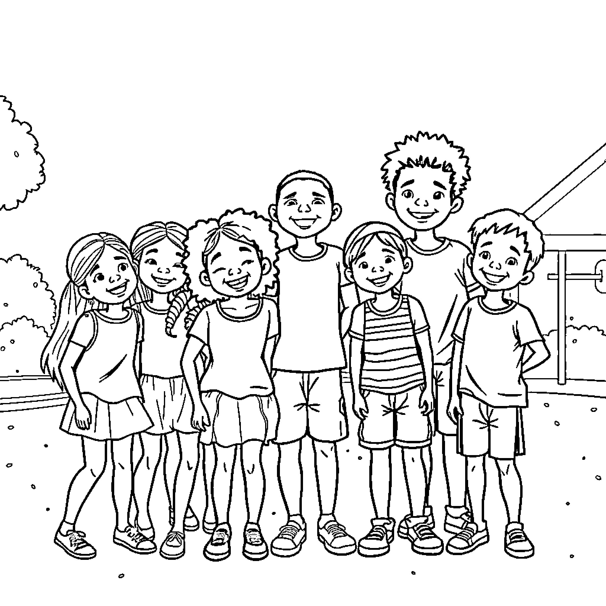 Kid friends happily gathered in outdoor setting Coloring Page (free black-and-white line drawing printable PDF for all, from beginners to advanced learners, including children, teens, adults, and seniors)