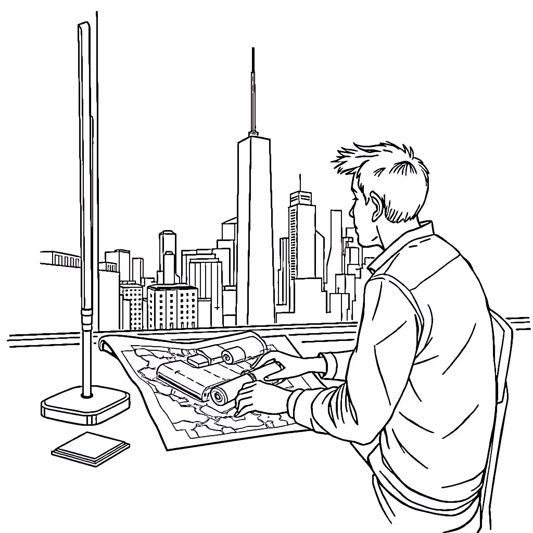 Bluey exploring urban architecture in the city Coloring Page (free black-and-white line drawing printable PDF for all, from beginners to advanced learners, including children, teens, adults, and seniors)