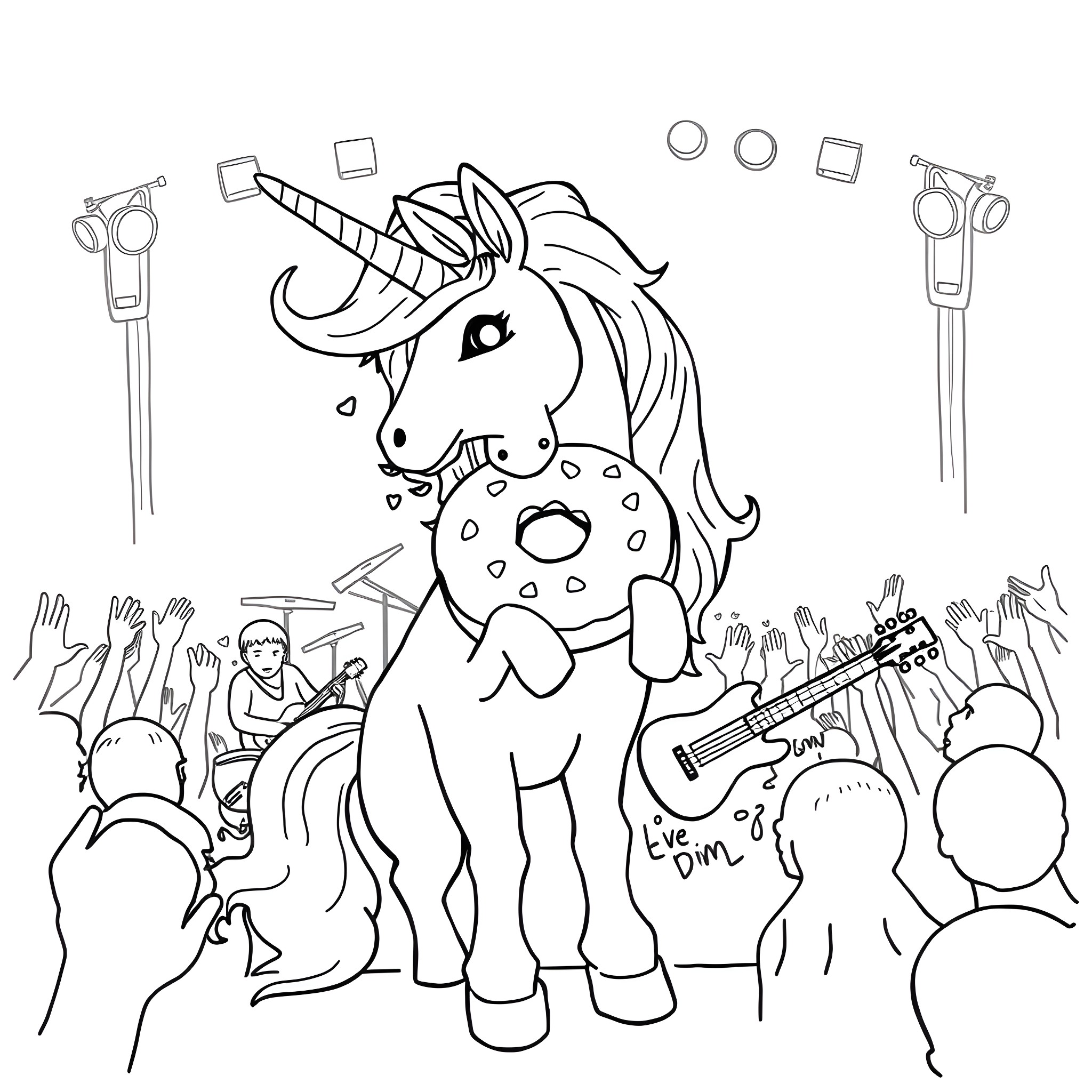 Unicorn performing for an enthusiastic crowd Coloring Page (free black-and-white line drawing printable PDF for all, from beginners to advanced learners, including children, teens, adults, and seniors)