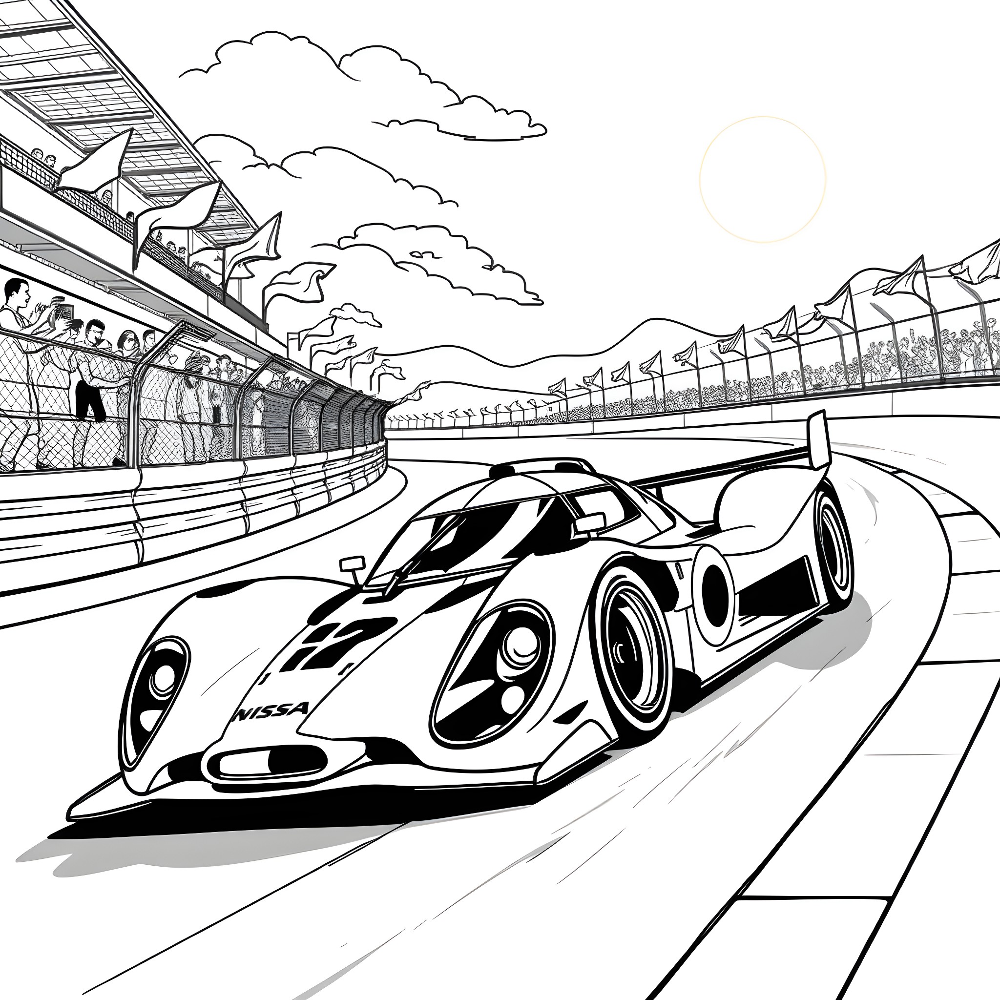 Car racing on a racetrack with spectators Coloring Page (free black-and-white line drawing printable PDF for all, from beginners to advanced learners, including children, teens, adults, and seniors)