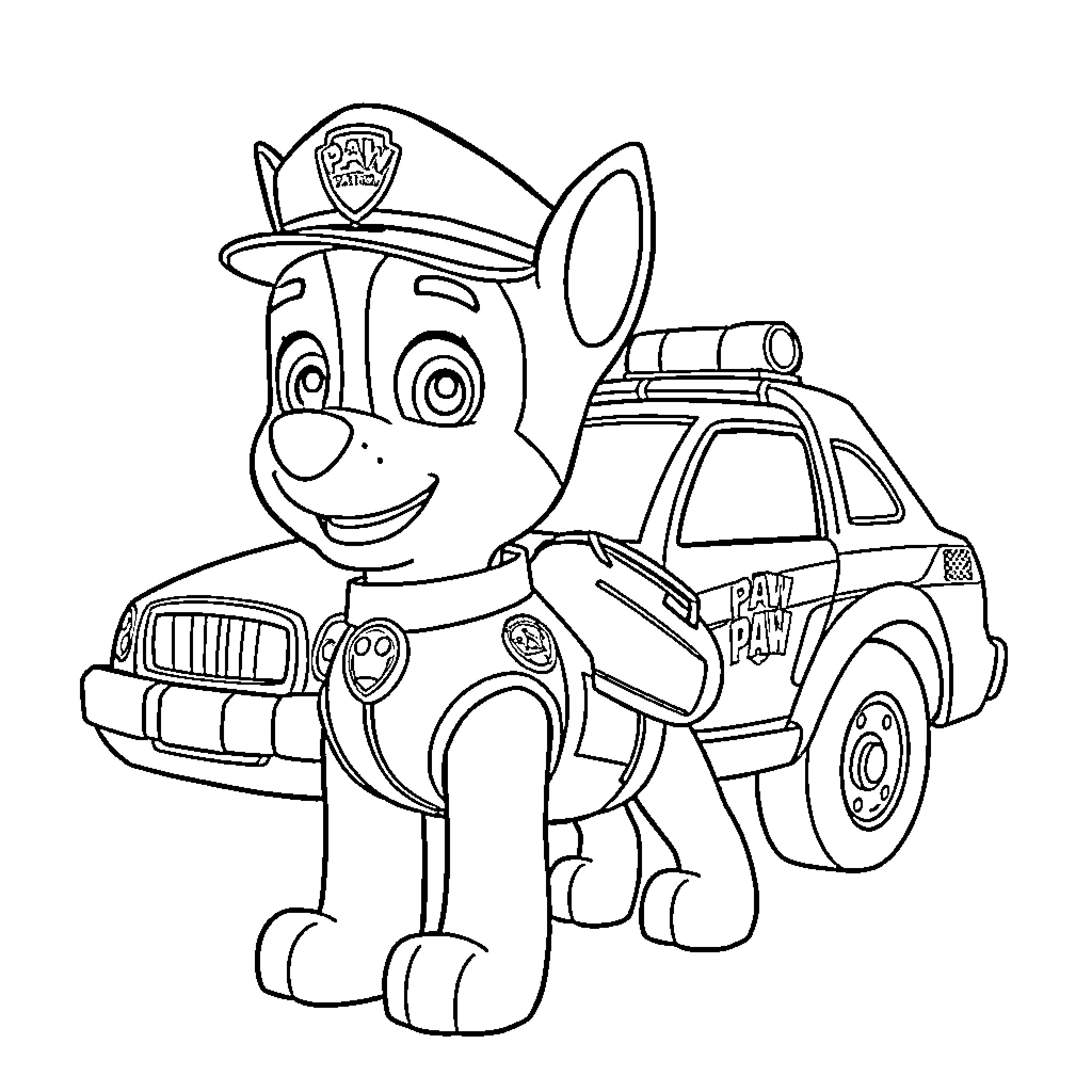 Chase the happy police pup in action Coloring Page (free black-and-white line drawing printable PDF for all, from beginners to advanced learners, including children, teens, adults, and seniors)