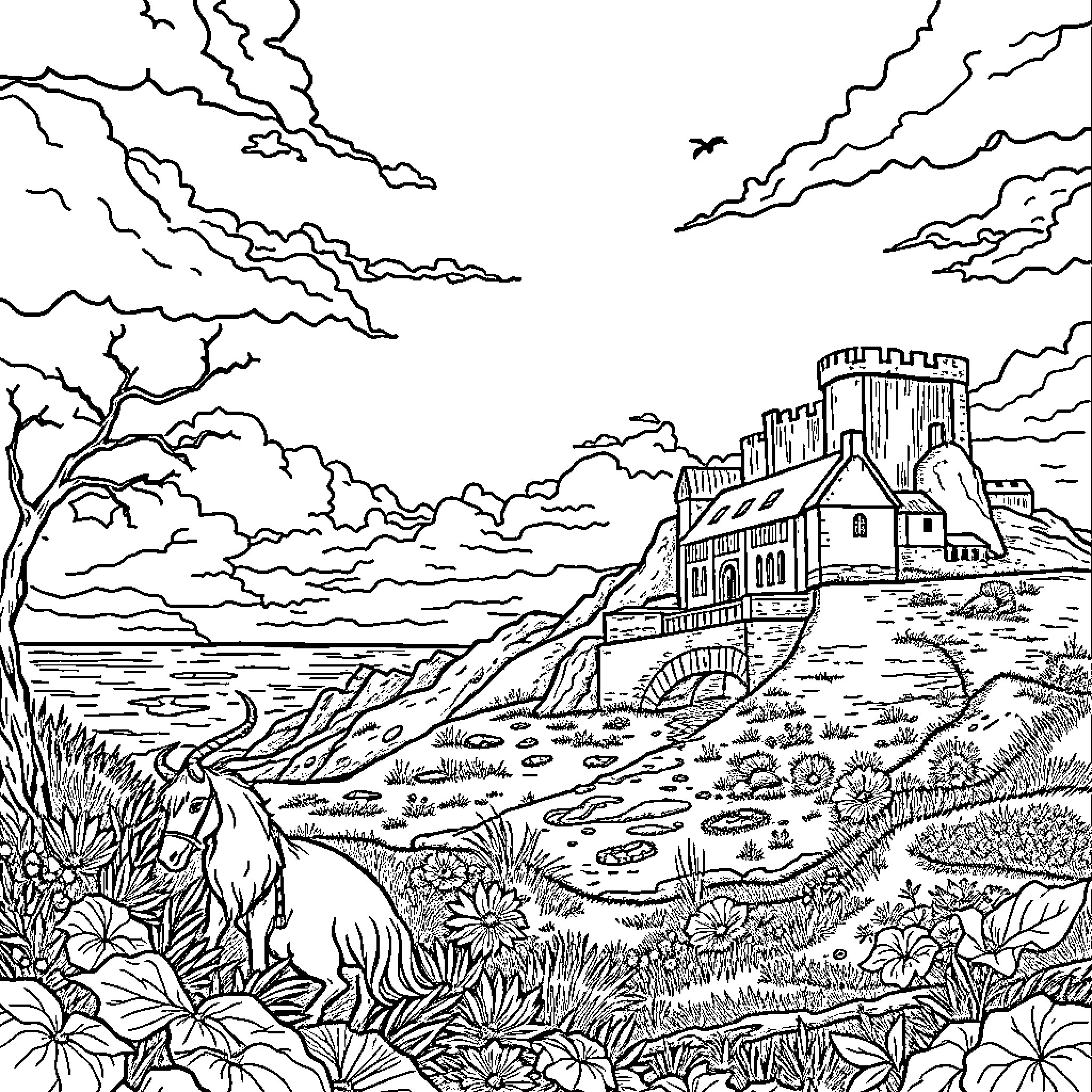 Irish History: Majestic Castle Overlooking Serene Landscape Coloring Page (free black-and-white line drawing printable PDF for all, from beginners to advanced learners, including children, teens, adults, and seniors)