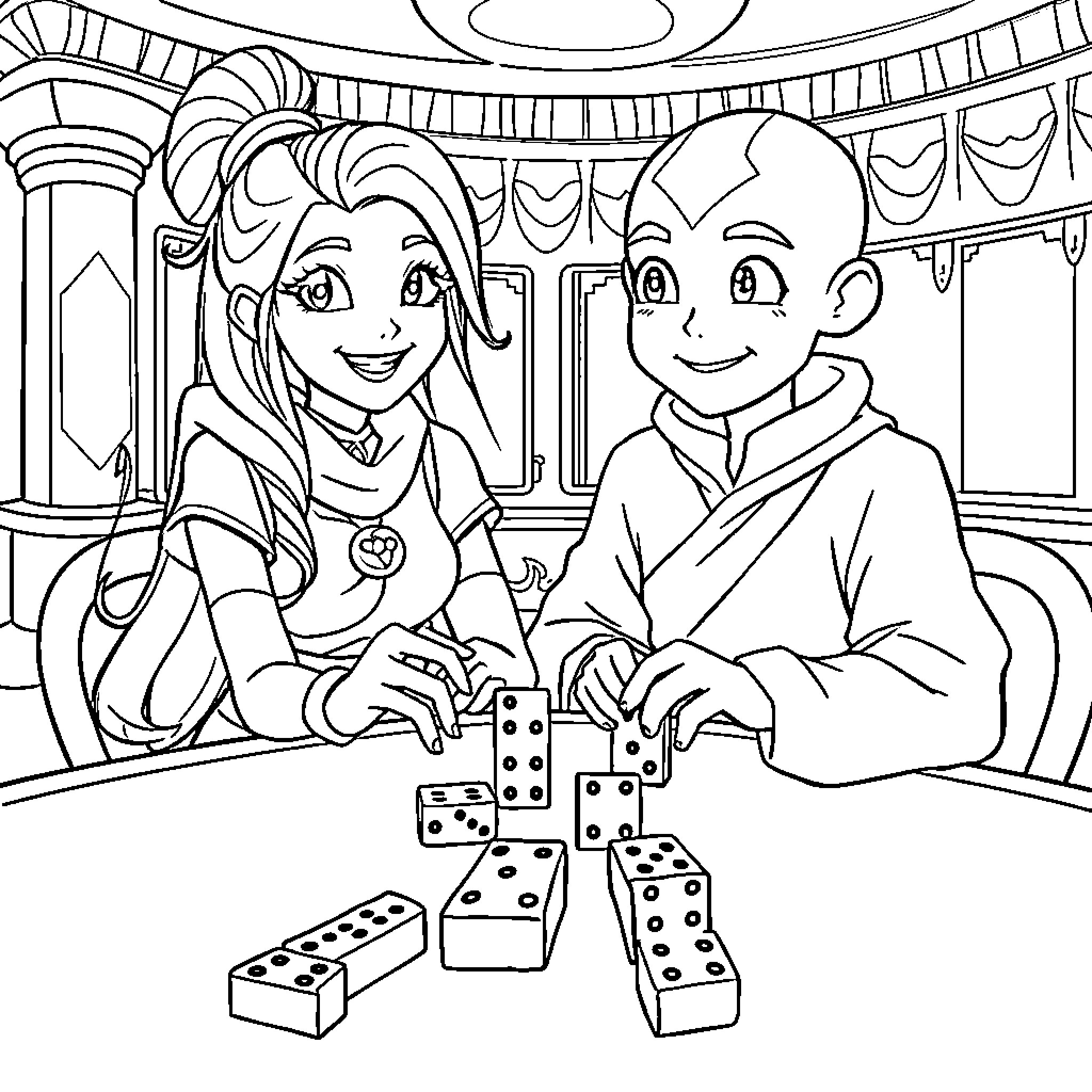 Iris enjoying a board game with a friend Coloring Page (free black-and-white line drawing printable PDF for all, from beginners to advanced learners, including children, teens, adults, and seniors)