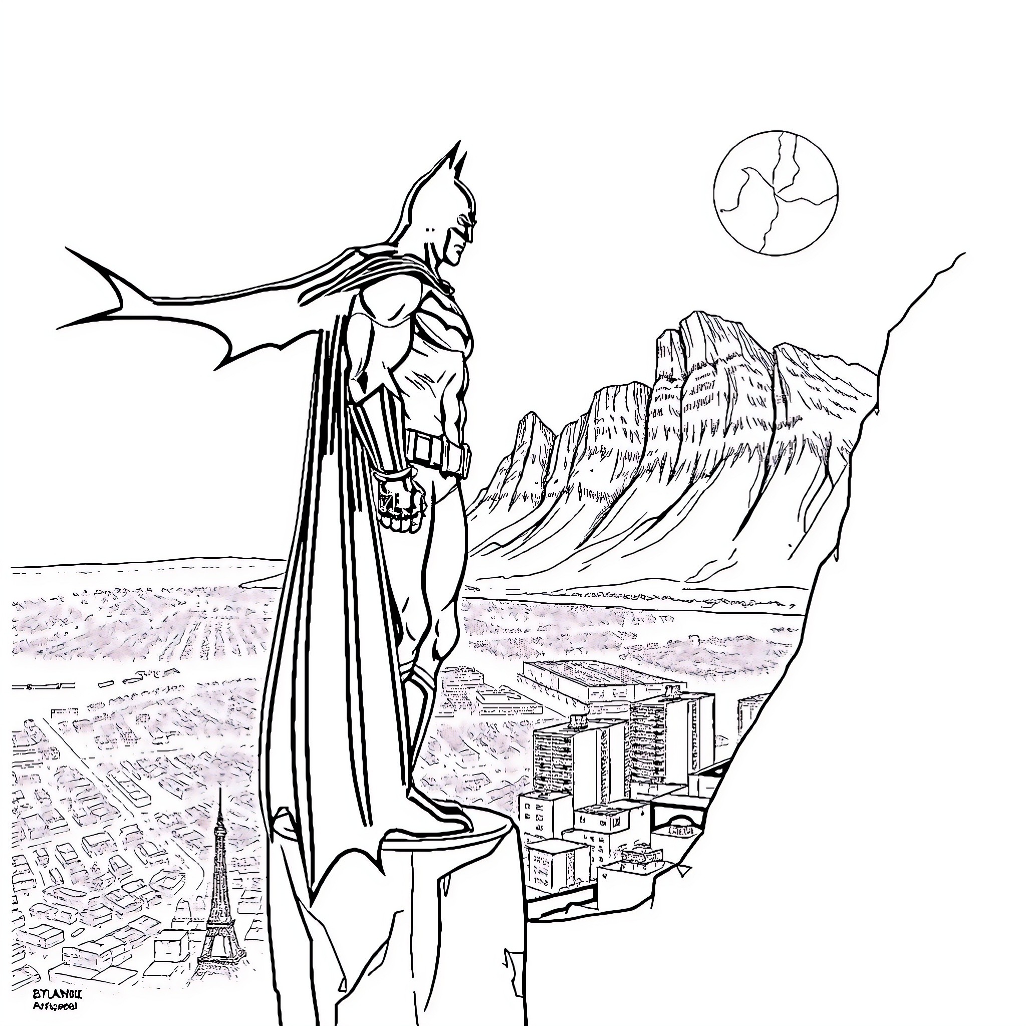 Batman overlooking the city at night Coloring Page (free black-and-white line drawing printable PDF for all, from beginners to advanced learners, including children, teens, adults, and seniors)