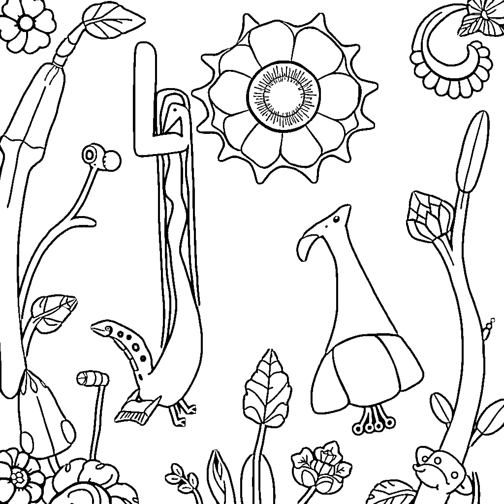 Lively garden with flowers and animals Coloring Page (free black-and-white line drawing printable PDF for all, from beginners to advanced learners, including children, teens, adults, and seniors)