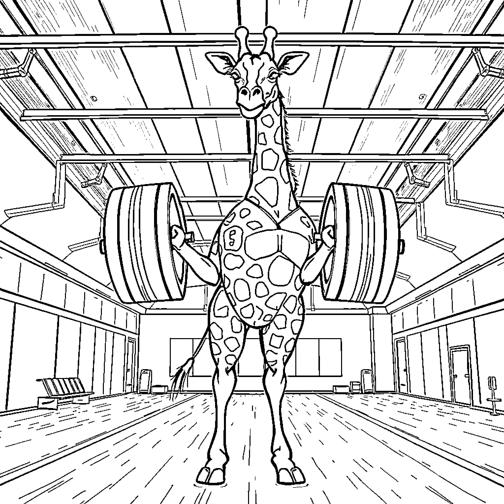 Giraffe lifting weights in a gym Coloring Page (free black-and-white line drawing printable PDF for all, from beginners to advanced learners, including children, teens, adults, and seniors)
