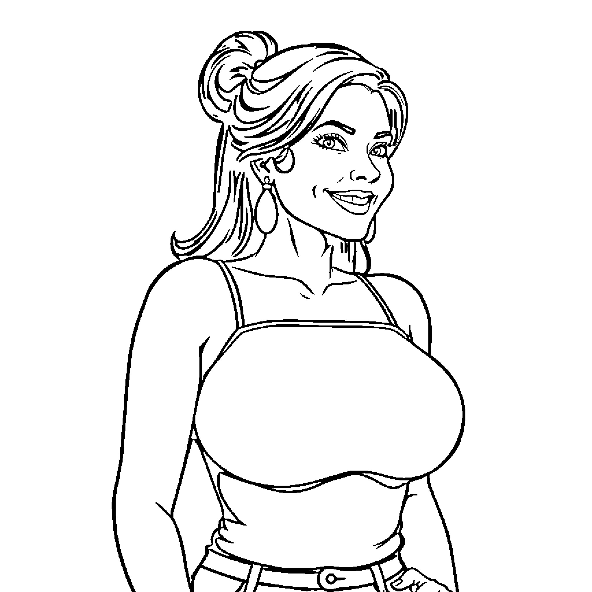 Woman with expressive smile and stylish appearance Coloring Page (free black-and-white line drawing printable PDF for all, from beginners to advanced learners, including children, teens, adults, and seniors)